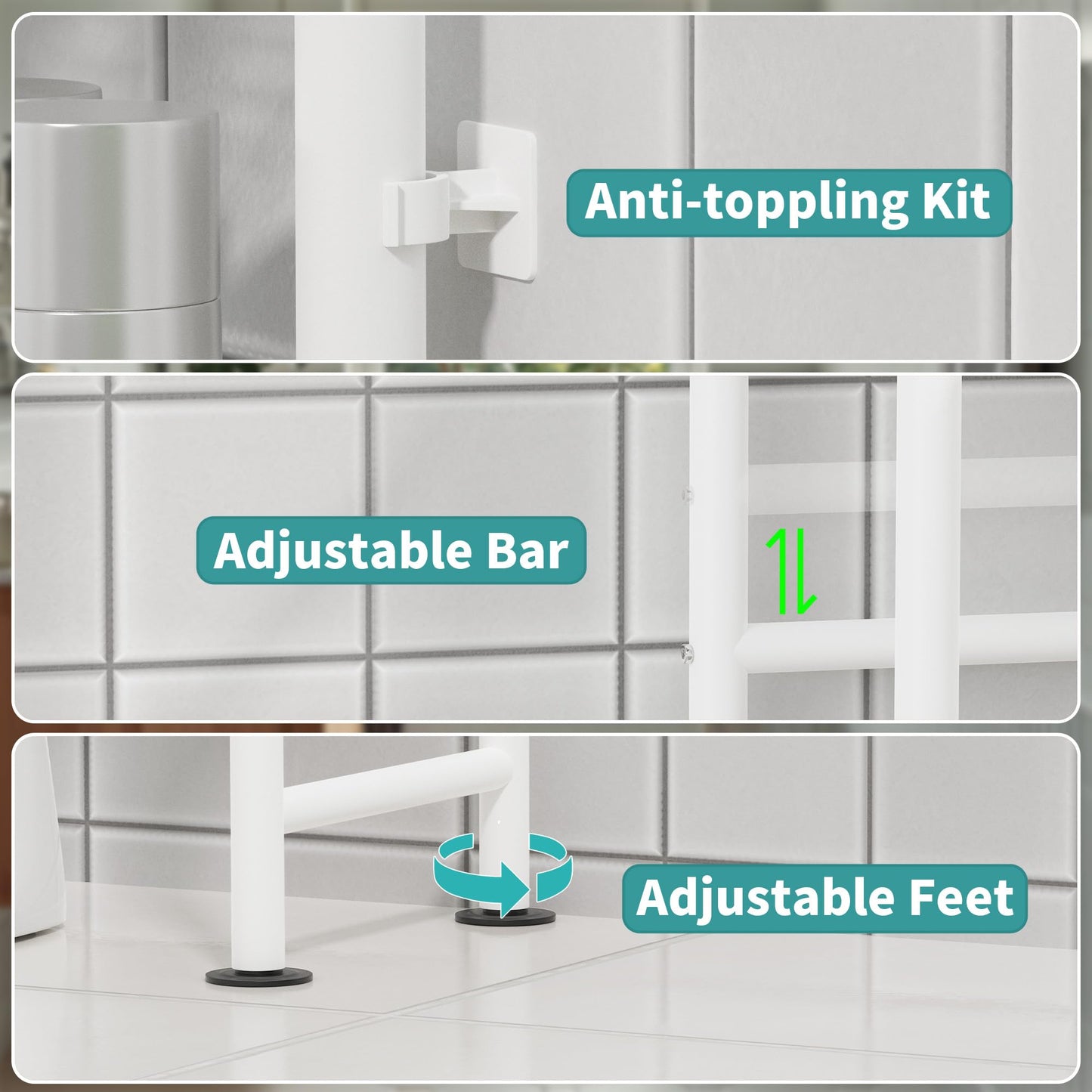 AriseWork 3-Tier Over The Toilet Storage Organizer, Space-Saving Bathroom Rack with Paper Holder & 4 Hooks, 64" Tall Freestanding Carbon Steel Shelf for Small Apartment Laundry Room (White)