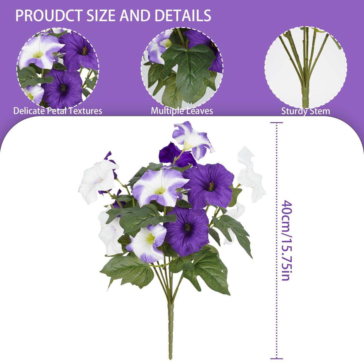 Artificial Flowers for Outdoors, Faux Petunias Spring Summer Decoration, Fake Flowers Plants UV Resistant Look Real Silk Flowers for Outside Planter Front Door Porch Patio Yard (6, Purple-White)