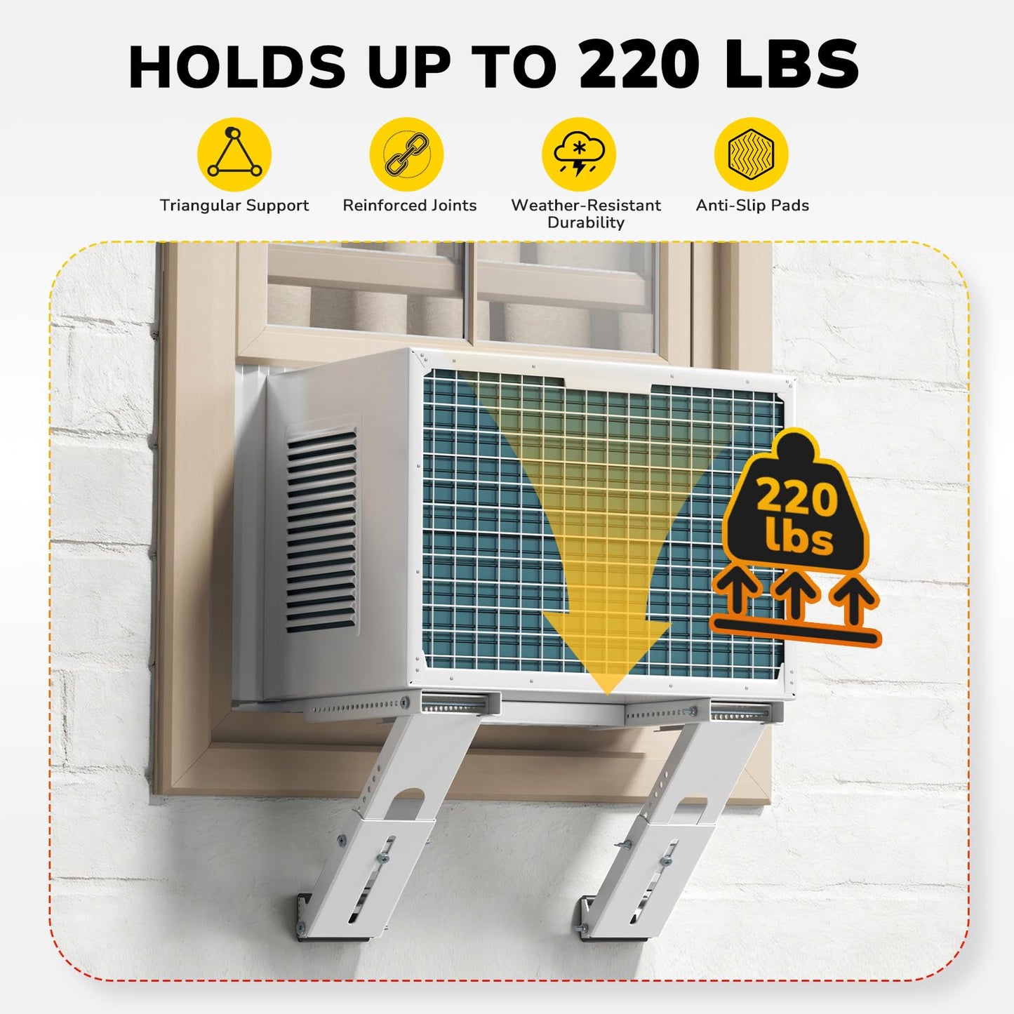 KAINGA Window Air Conditioner Support Bracket No Drilling, No Tools, Window AC Bracket, Adjustable Wall Mount, Quick Install, Up to 220lbs, Fit Single & Double-Hung Windows