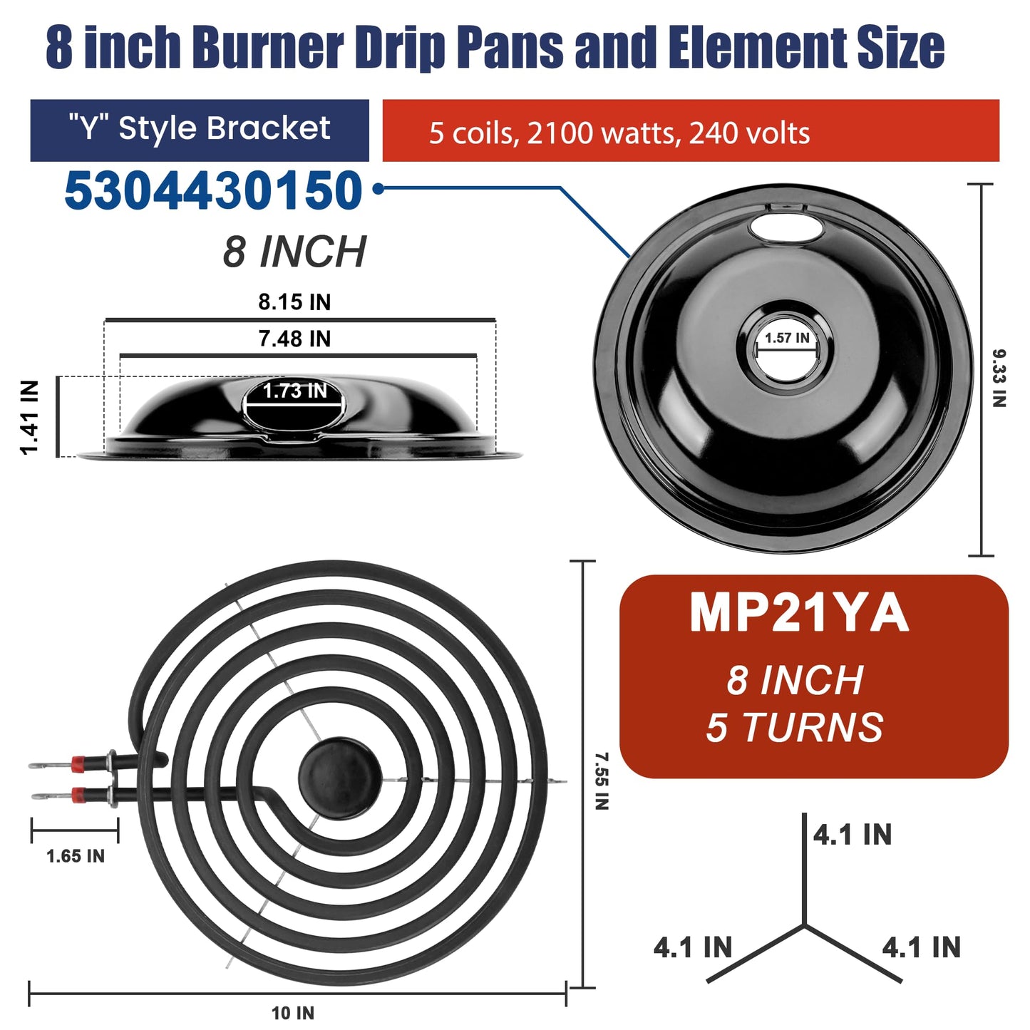 5304430149 5304430150 Black Porcelain Drip Pan & MP22YA Electric Stove Burner Replacement for F-rigidaire/Ken-more/T-appan, 318067041 318067051 Stove Drip Pans & Stove Burner Replacement by Fetechmate
