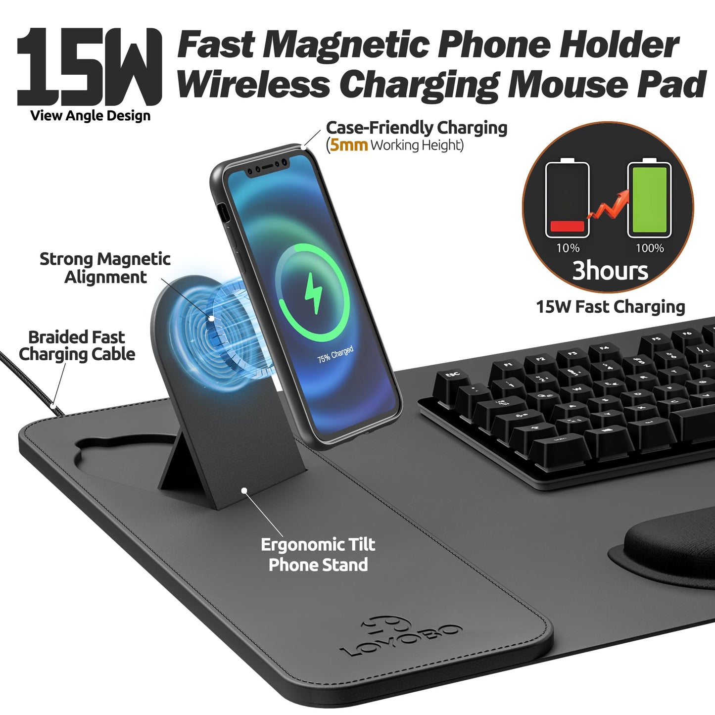 15W Magnetic Wireless Charging Desk Pad with Ergonomic Tilt Phone Stand, 35×15in XXL Foldable PU Leather Mouse Pad with Keyboard & Mouse Memory Foam Wrist Rest for Gaming Office Home Minimalist Desk