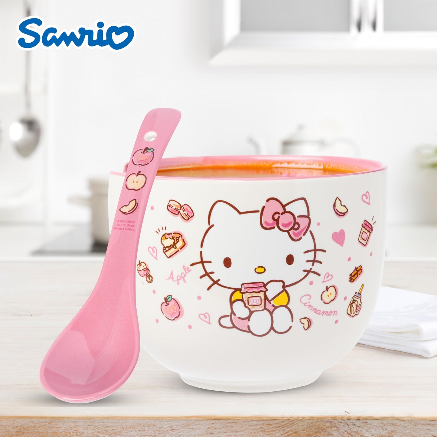 Silver Buffalo Sanrio Hello Kitty Apples and Cinnamon Ceramic Ramen Noodle Rice Bowl with Chopsticks and Spoon, Microwave Safe, 20 Ounces