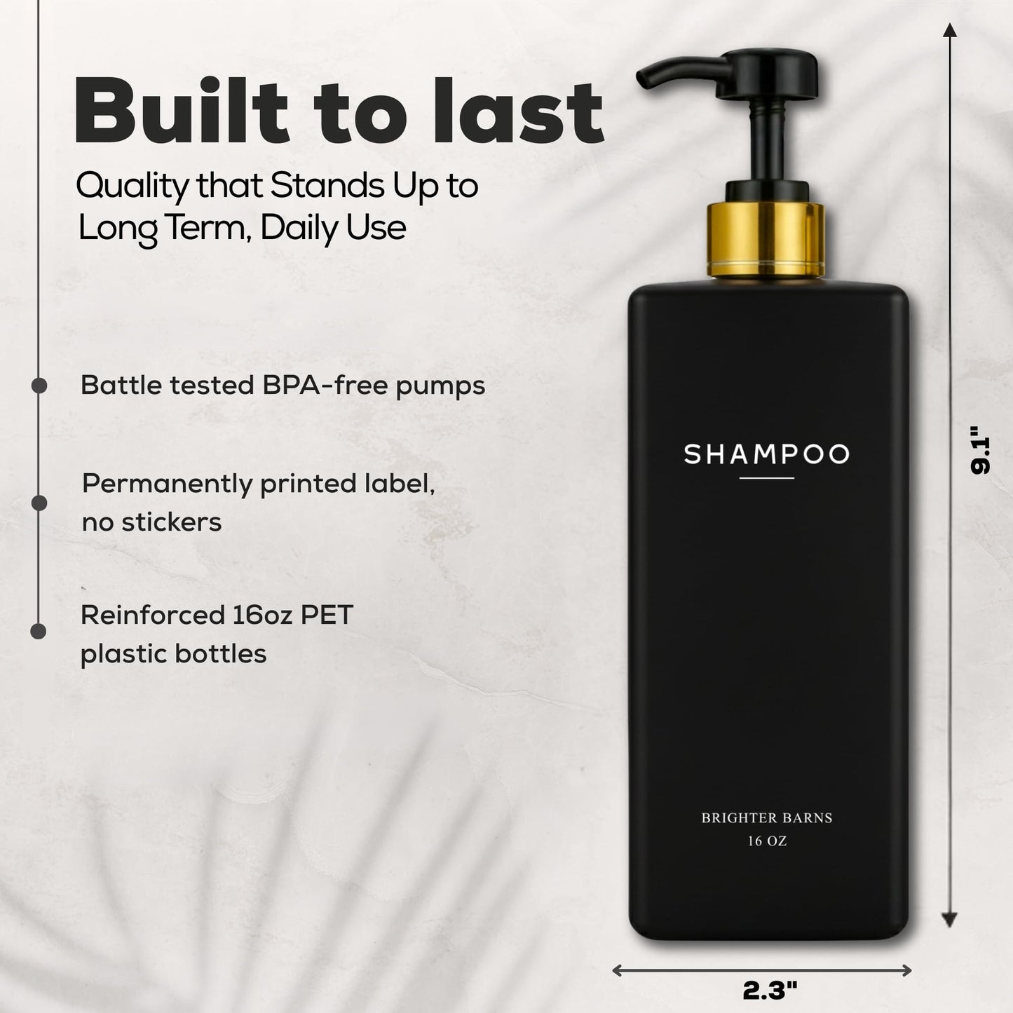 Black Shampoo and Conditioner Dispenser Set by Brighter Barns - Body Wash and Shower Soap Dispenser - Refillable Shampoo and Conditioner Bottles for Gold Bathroom Decor, Guest Bathroom, Airbnb (Black)