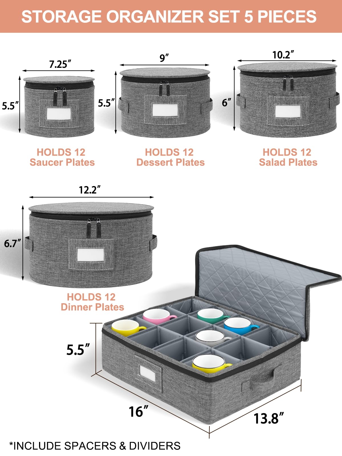 Cirhy China Storage Containers 5-Piece Set - Reinforced Hard-Sided Moving Boxes for Dinnerware, Fine China, Stemware & Mugs - Sturdy Quilted Dish Packing Protectors with Dividers (Service for 12)