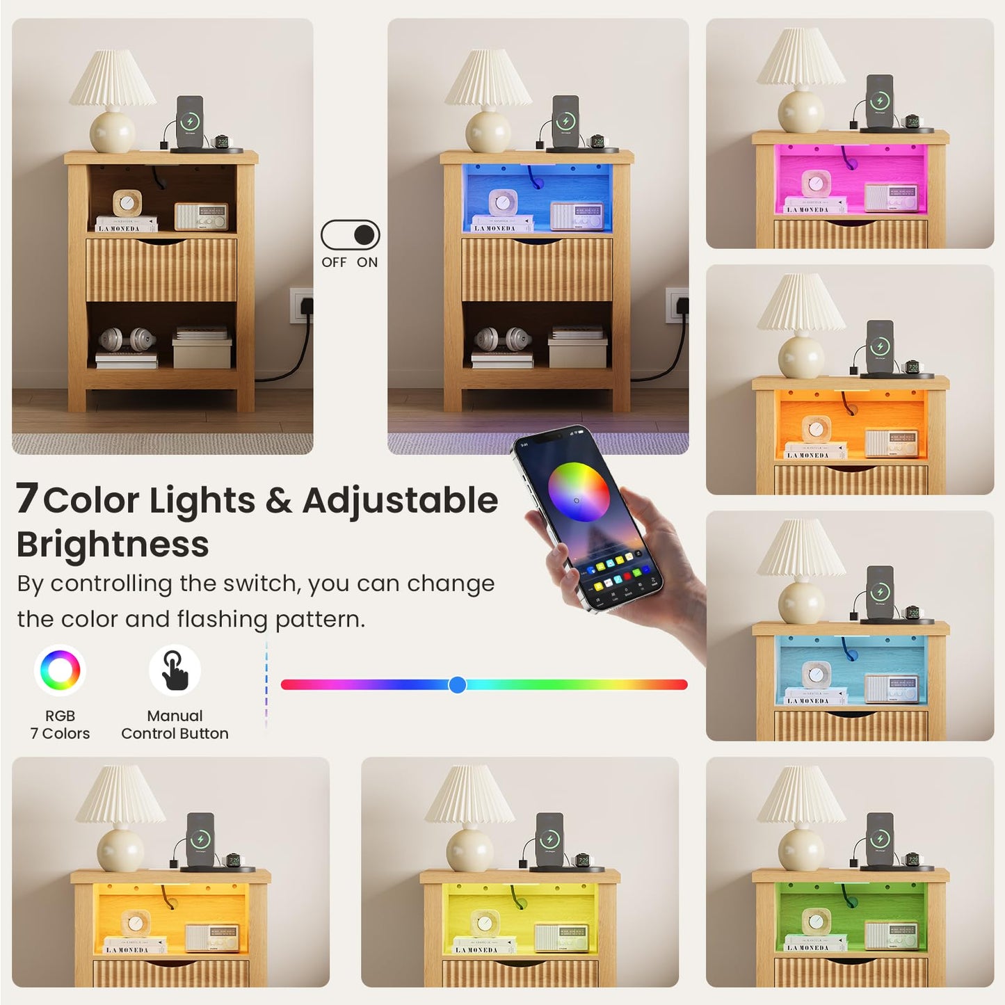 LAKEMID Fluted Nightstand with Charging Station,20 Inch Wide Bedside Tables with Led Lights,Modern Wood Night Stand with Drawers,Wooden Bed Side Table for Bedroom,Living Room,Natural Oak