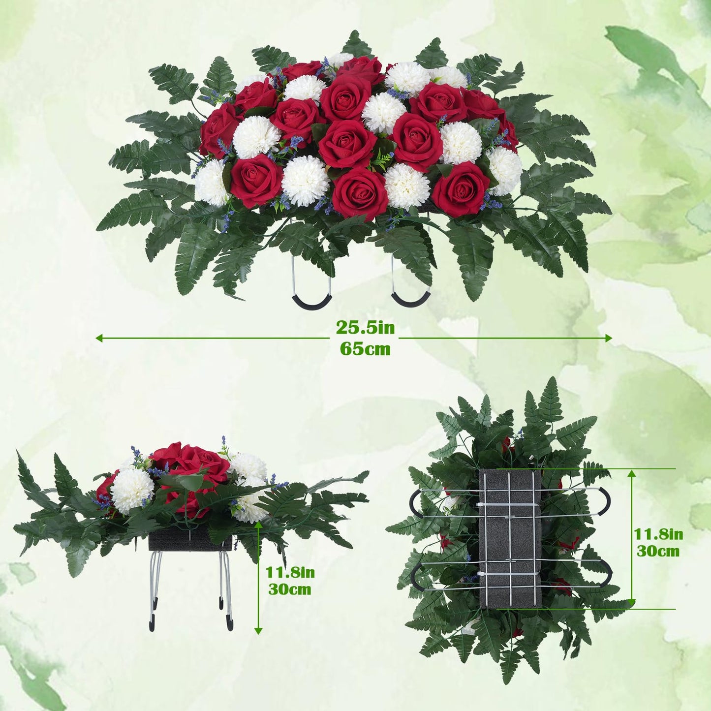 Luabue Artificial Cemetery Flower Headstone Flower Saddle 2 Chrysanthemum Rose Bouquets with Vase Memorial Flowers Grave Saddles for Headstone Outdoor Grave Tombstone Decor (Red White)