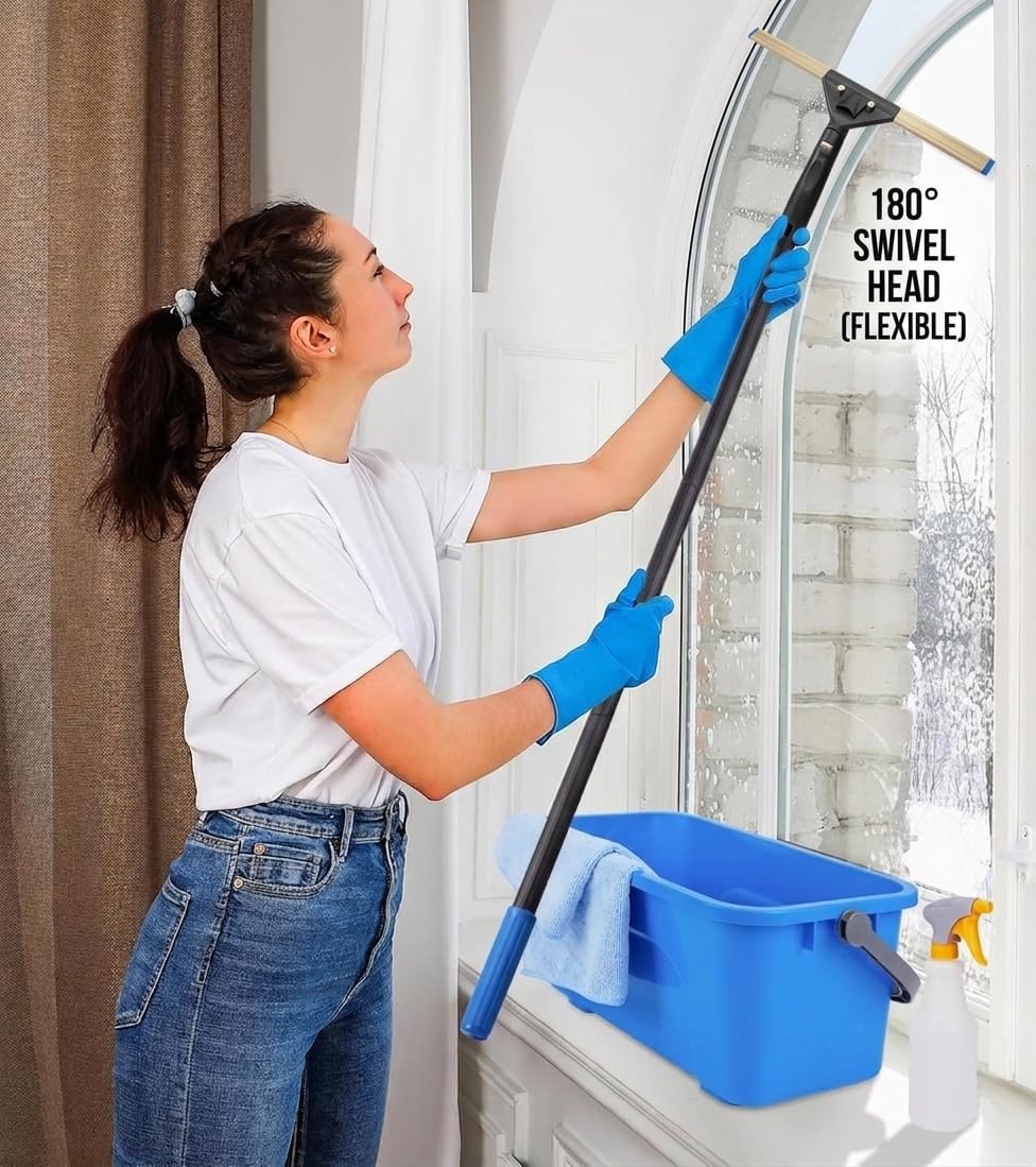 Professional Window Cleaning Kit with 50" Extension Pole, 8-in-1 Window Scrubber Squeegee Set, 14" Flexible Head, 3 Gallon Storage Bucket, Spray Bottle Microfiber Cloths for High Indoor/Outdoor Glass