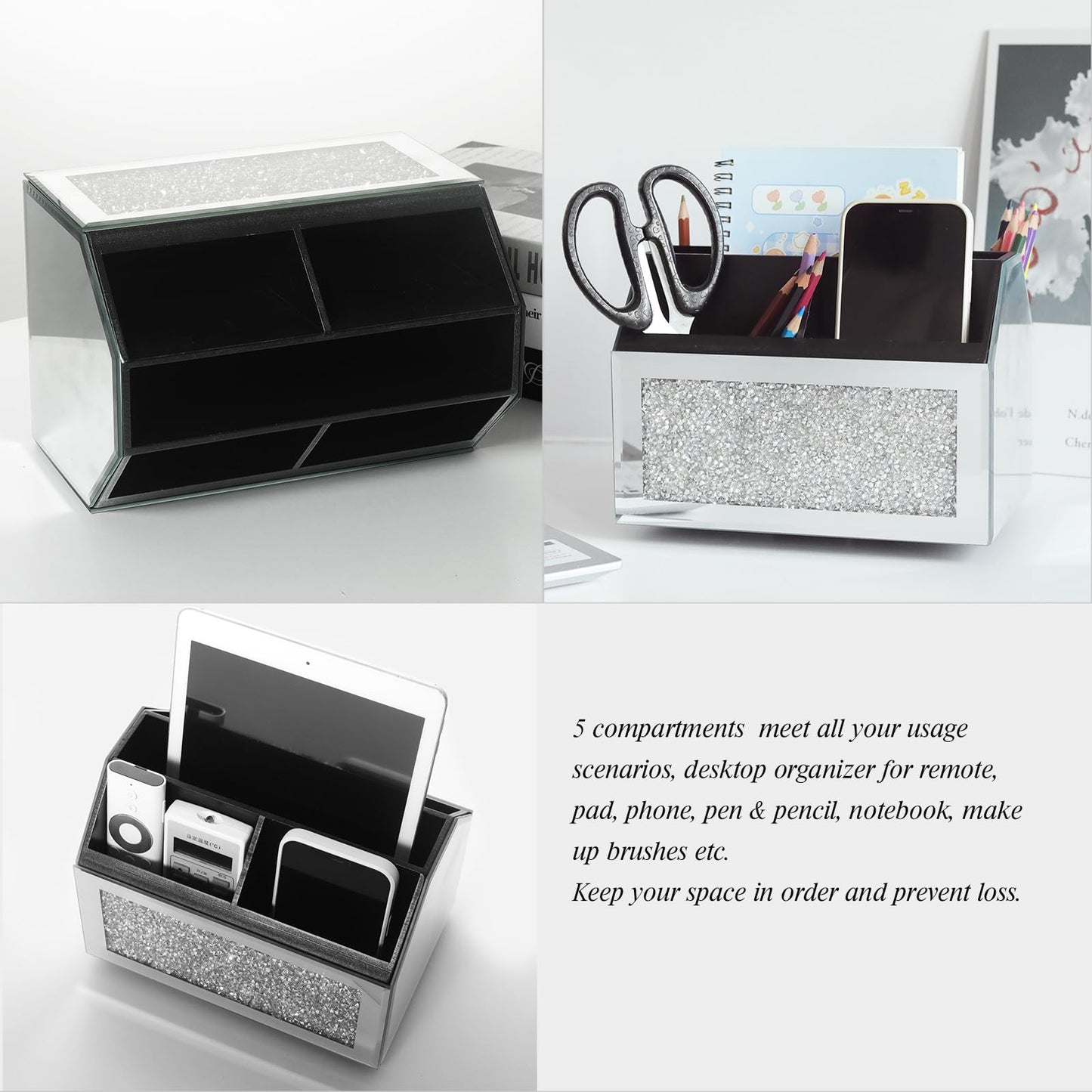 SWTHONY 360 Rotating TV Remote Control Holder Storage Caddy for Pad Phone Pen and Pencils, Makeup Brush, Silver Crushed Diamond Desk Organizer for Bedroom Livingroom