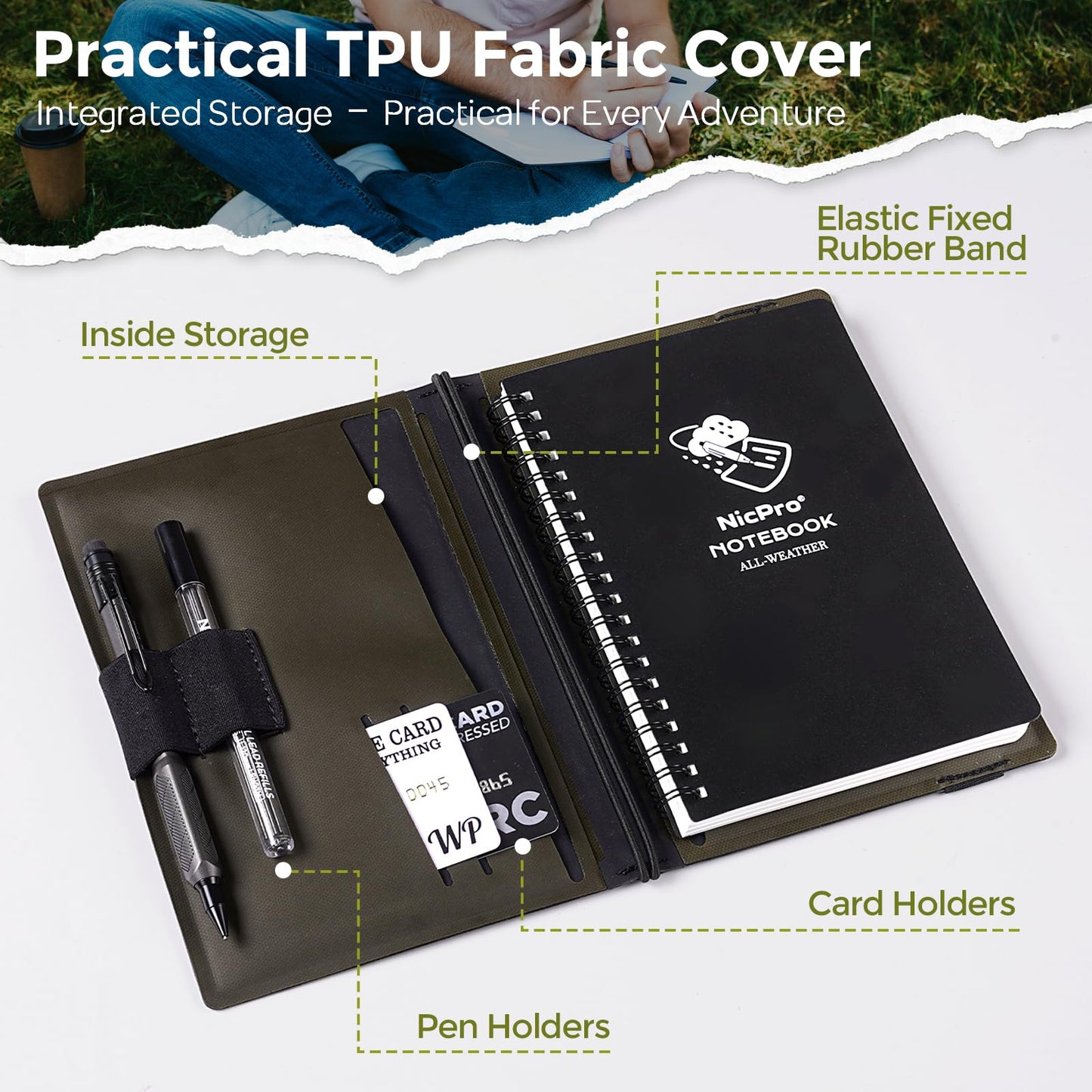 Nicpro Waterproof Notebook with 1.3mm Mechanical Pencil Set, TPU Fabric Cover, 4.8"x7" Stone Paper Notebook, Carpenter Pencil 1.3 with Lead Refill & Eraser for Outdoor Journal Travel Drafting Drawing