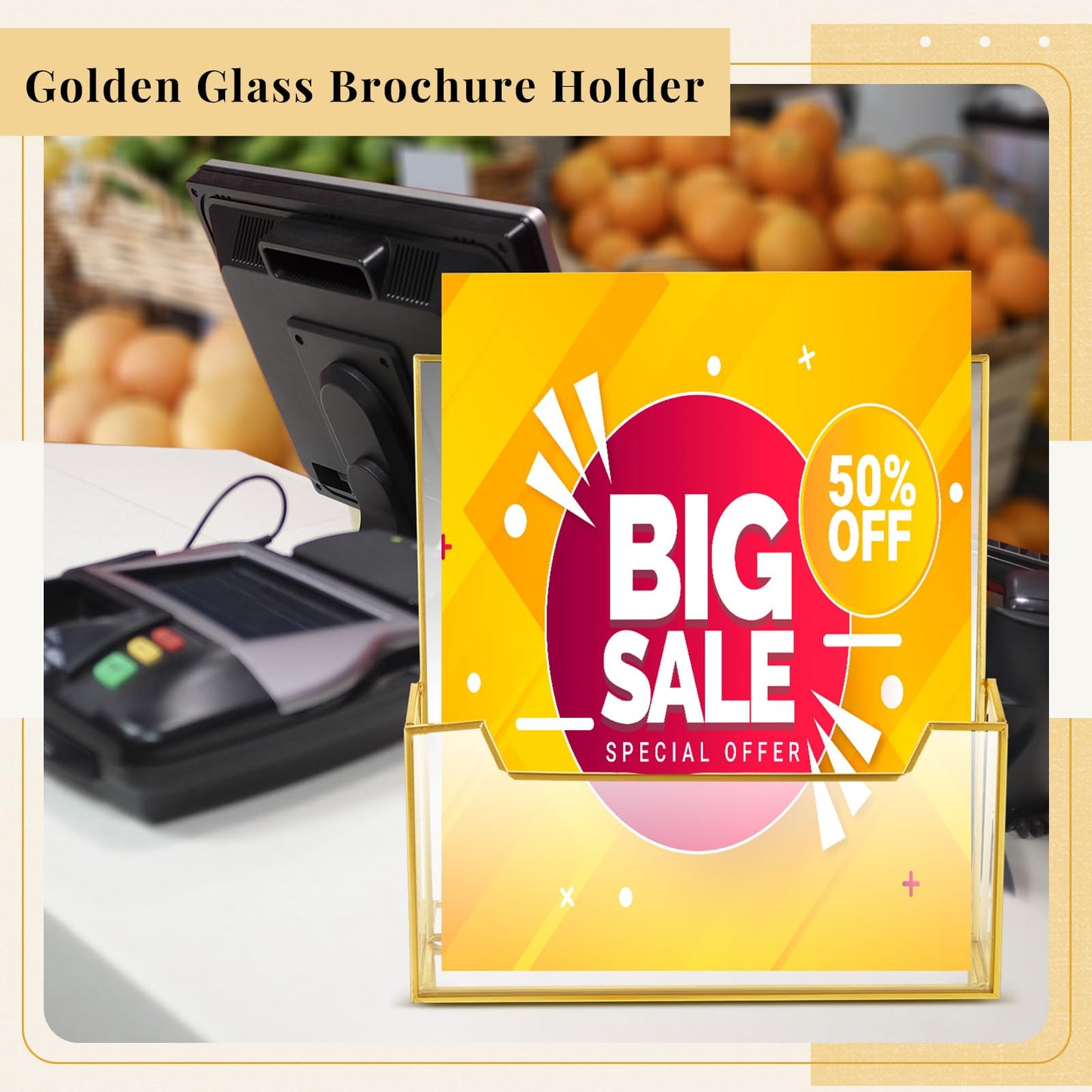 Fuyoooo 2 Pcs Gold Glass Brochure Holder Stand 8.5 x 11 Inches Acrylic Flyer Trifold Holder Display Business Pamphlets Booklets for Brochures Magazines Literatures Display Office Tabletop Trade Show