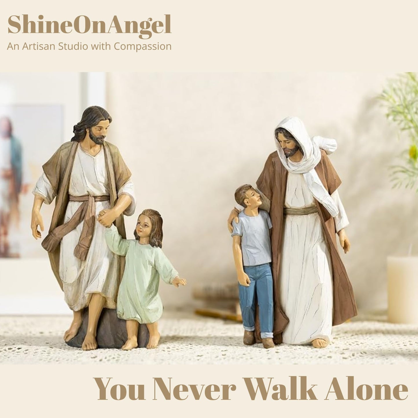 ShineOnAngel Jesus Christ with Child, First Communion boy Gift He Walks with me Sculpture, Hand Painted, Religious Modern Home Decor, Christian Figurines, 9.5 Inch
