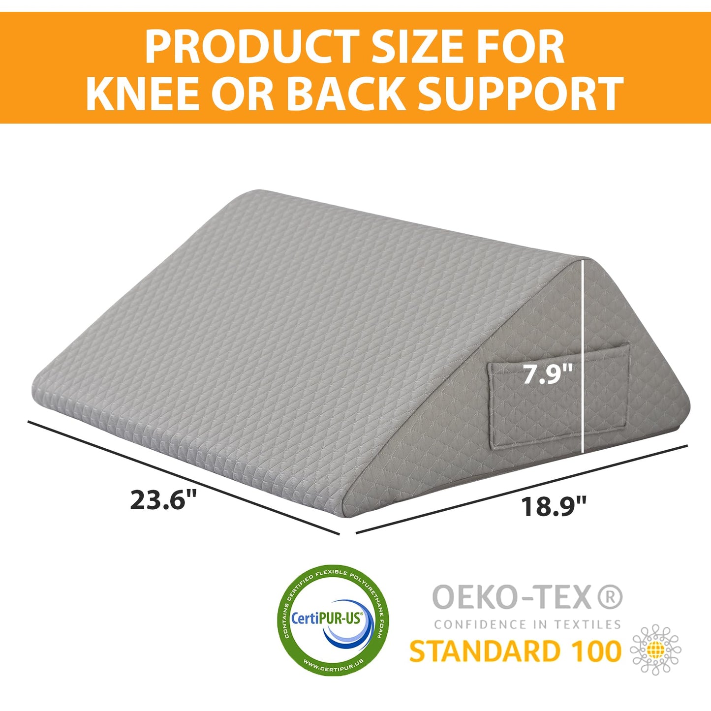 Ruqmuis Knee Pillow for Back Sleeping, 8” Knee Wedge Pillow to Elevate Knee, Leg Pillow for Back Pain Relief, Triangle Pillow, Leg Elevation Pillows for After Surgery, Blood Circulation, Grey