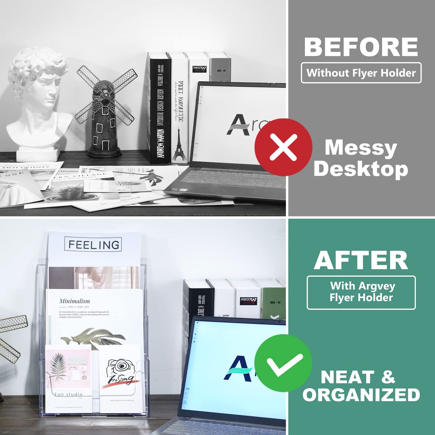 2 Pack Acrylic Brochure Holder 8.5 x 11 inches, 3 Tier Clear Brochure Display Stand with Removable Divider for Trifold 4 Inches Wide Pamphlet, Plastic Flyer Holder for Magazine, Literature, Booklet