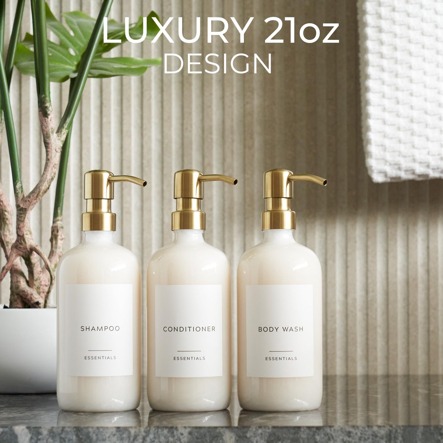 Stylish Shampoo and Conditioner Dispenser Set of 3 - Modern 21oz Shower Soap Bottles with Pump and Labels - Easy to Refill Body Wash Dispensers for an Instant Bathroom Decor Upgrade Clear