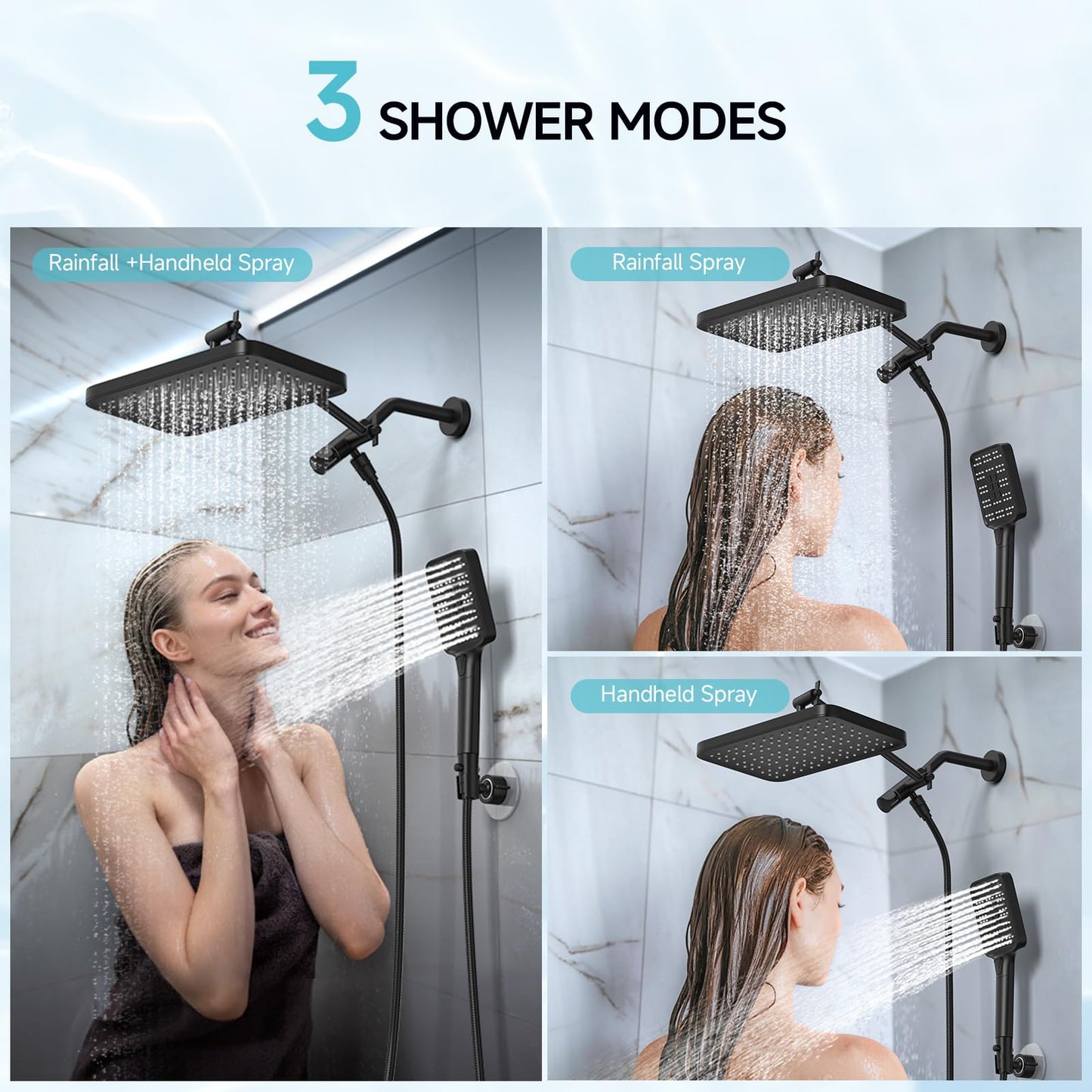 Rain Shower Head with Handheld Spray Combo Set, Adjustable 12" Rainfall Dual Shower Head, Double&Tandem Shower Head, Waterfall Showerhead Bathroom -Matte Black