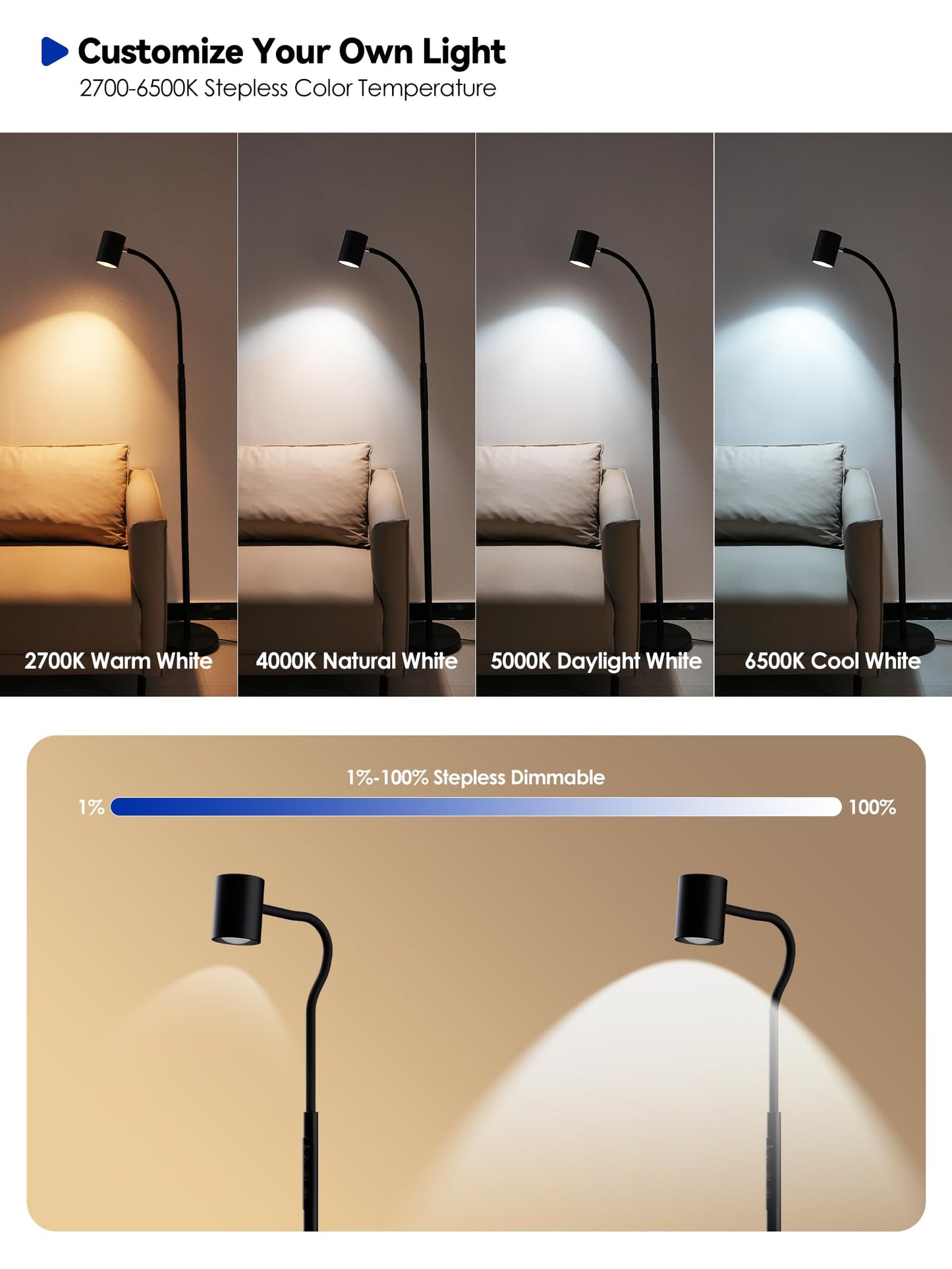 Reading Floor Lamp, 62" Tall LED Floor Lamp, Dimmable Standing Lamp, 7 Brightness & 4 Color Temperature, Adjustable Gooseneck, Touch Control, Task Craft Light for Living Room Bedroom Office,Black
