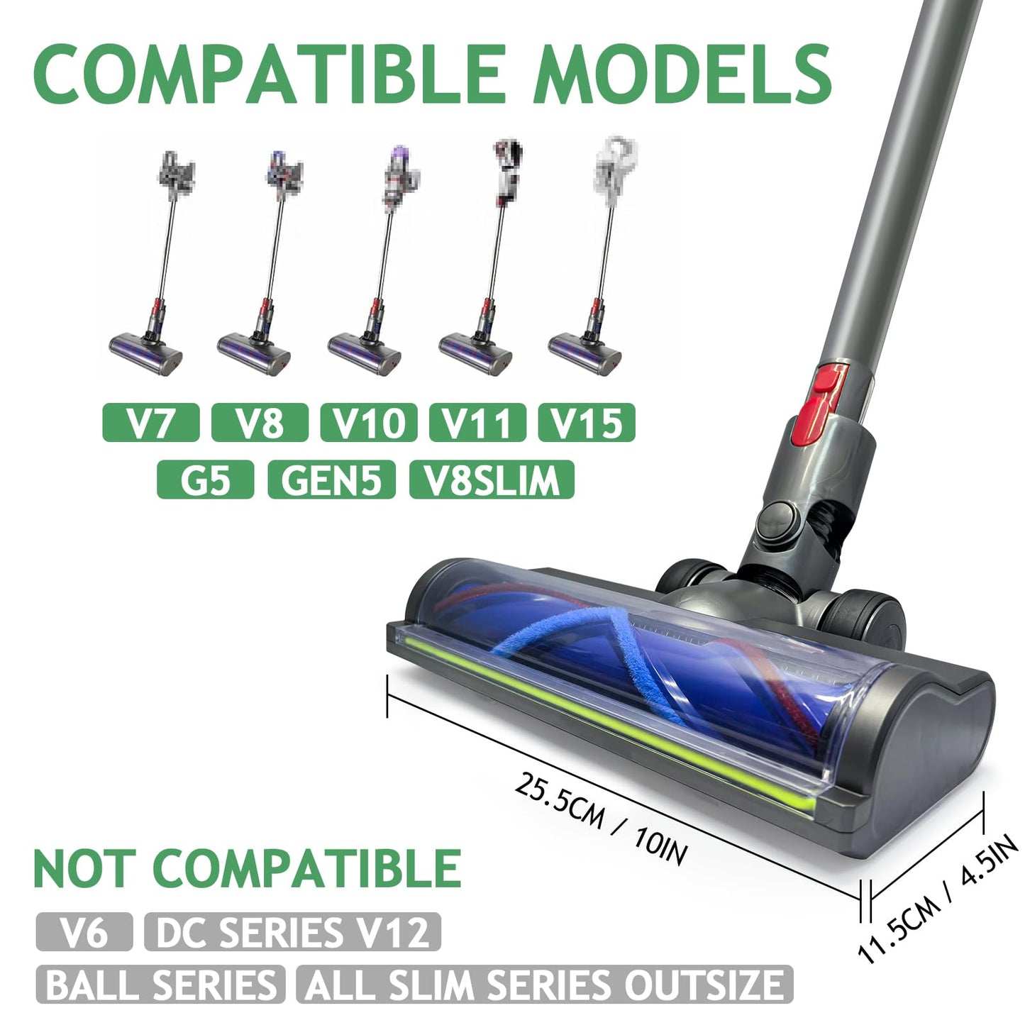 Vacuum Head Hardwood Floor Attachment for Dyson Cordless Vacuum V7 V8 V10 V11 V15 G5 V8 slim, Replacement Cleaner Head full-area LED Green Light, Quick-Release Design for Hard Floor Short Pile Carpets
