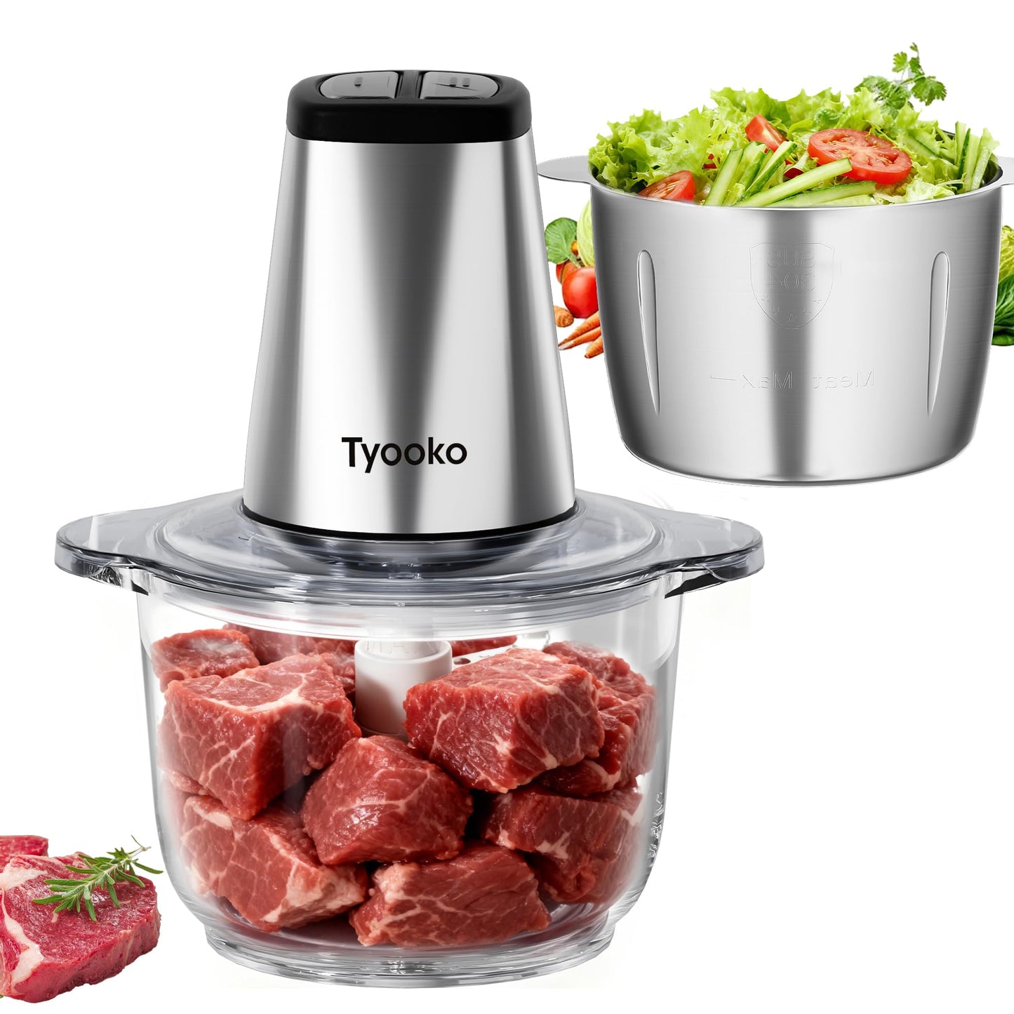 Electric Food Processor Vegetable Chopper, Easy Clean Meat Grinder with 2 Bowls (8 Cup Stainless Steel+8 Cup Glass), Small Food Mixer for Fruits/Meat/Nuts/Fish/Veggie/Pet Food/Baby Food