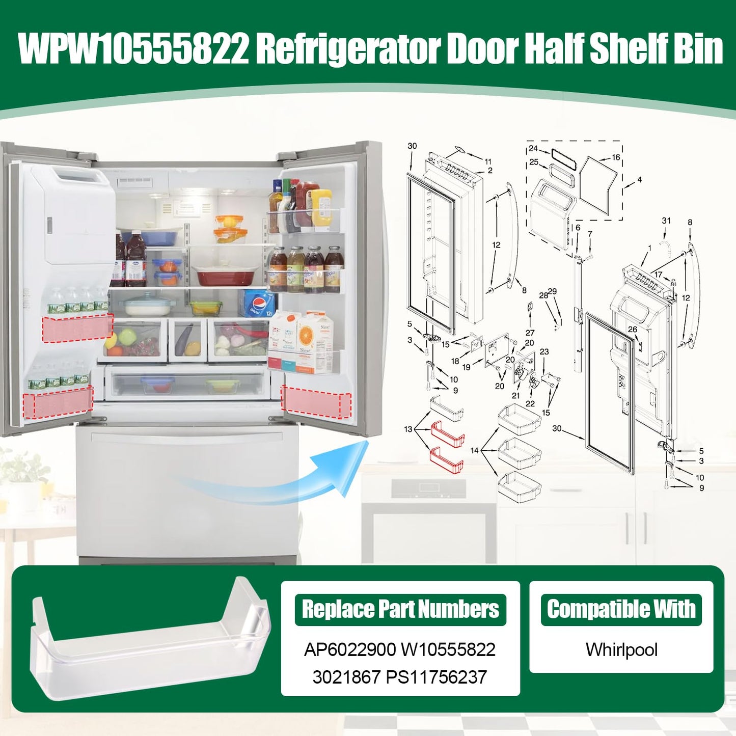 Ratiekc WPW10555822 Refrigerator Door Shelf Bin Compatible with Whirlpool Door Bin Replace AP6022900 3021867 PS11756237 WRF736SDAM00 WRF736SDAM10 WRF736SDAM11 WRF736SDAM12 WRF736SDAM13 WRF736SDAM14