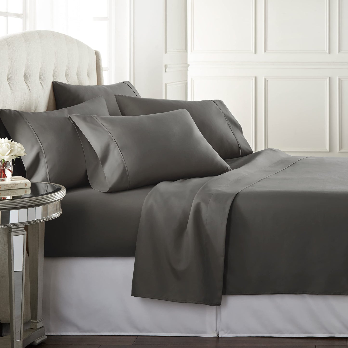 Danjor Linens Bed Sheet Set Cal King for Hot Sleepers, Hotel Premium Sheets with 4 Pillowcases, Lightweight Brushed Microfiber Deep Pockets, Breathable Cooling 6 Piece Bedding Sets, Gray