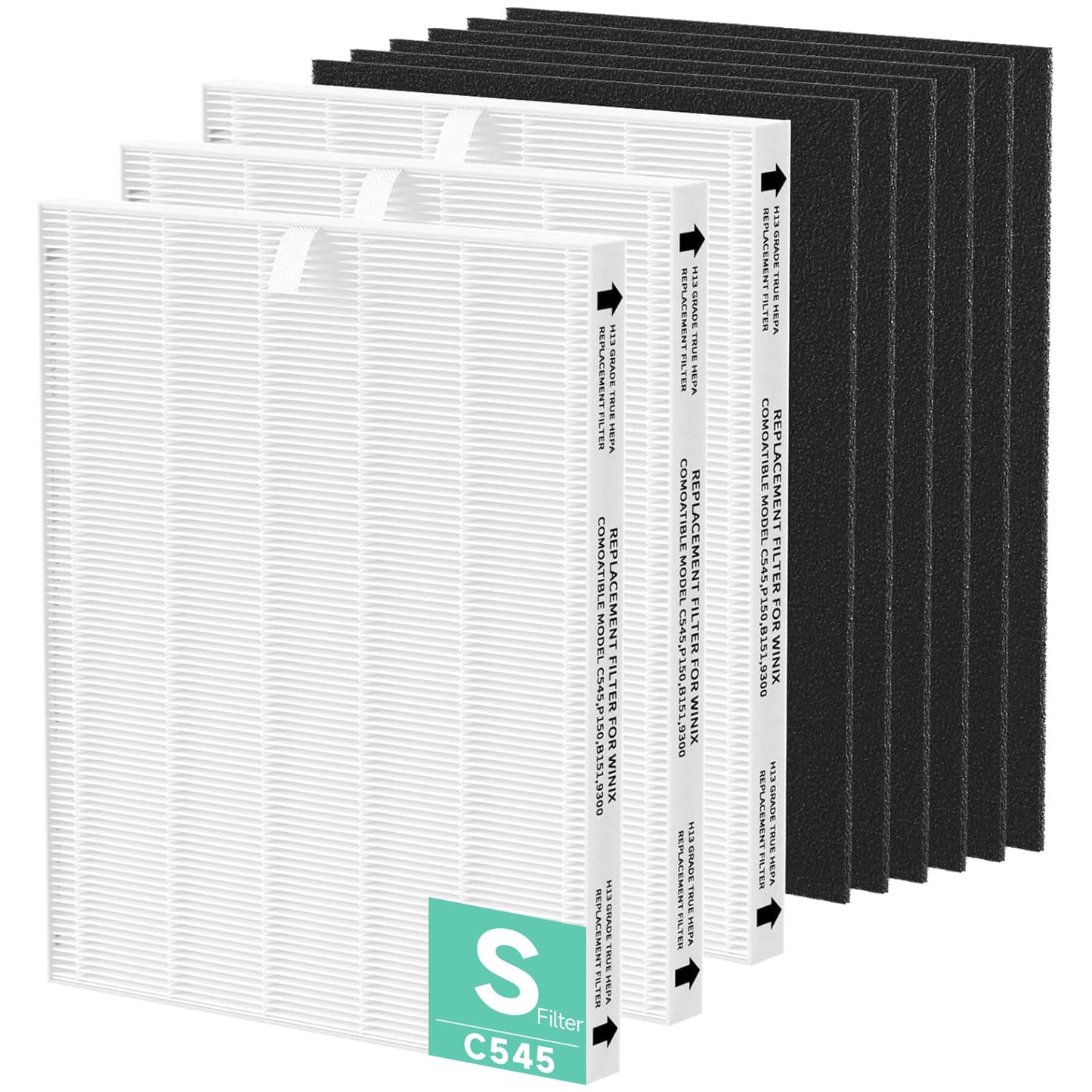 GoKBNY C545 Replacement Filter Compatible with Winix C545 Air Purifier, Filter S, Part Number 1712-0096-00, 3×Filters + 6×Activated Carbon Pre-Filters