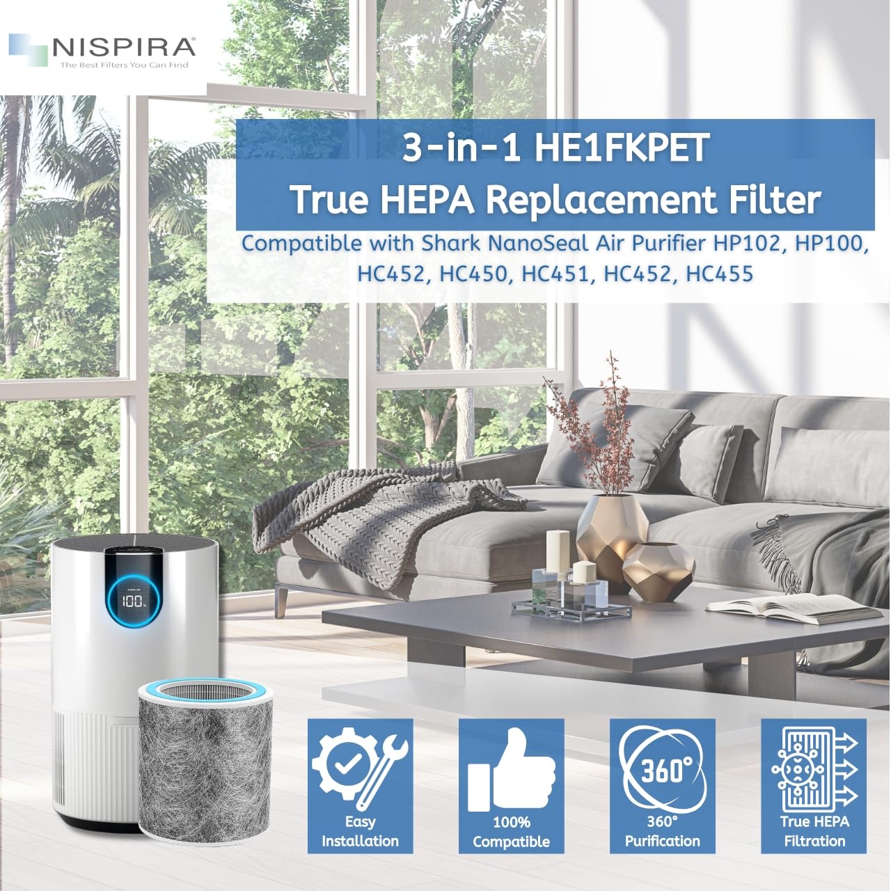 Nispira HC452 HP102 Replacement Filter For Shark NanoSeal Air Purifier HP102PET, HP100, HP105 HC450, HC451, HC455, UA455 3-in-1 True HEPA Activated Carbon Part HE1FKPET, 2 Pack