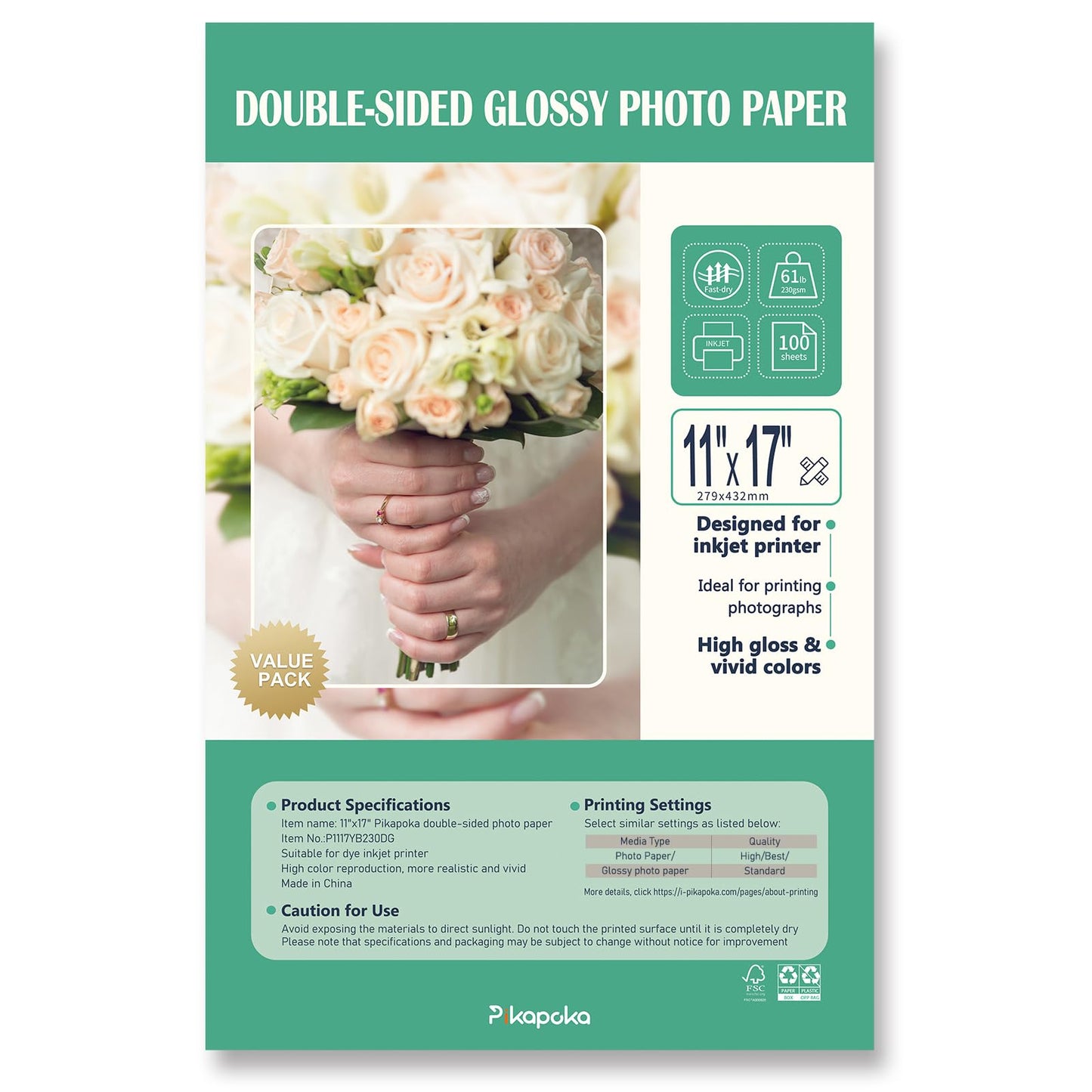 Pikapoka Double Sided Glossy Photo Paper 11x17, Thick Glossy Paper for Cardstock, 100 Sheets 61lb for Inkjet Printer
