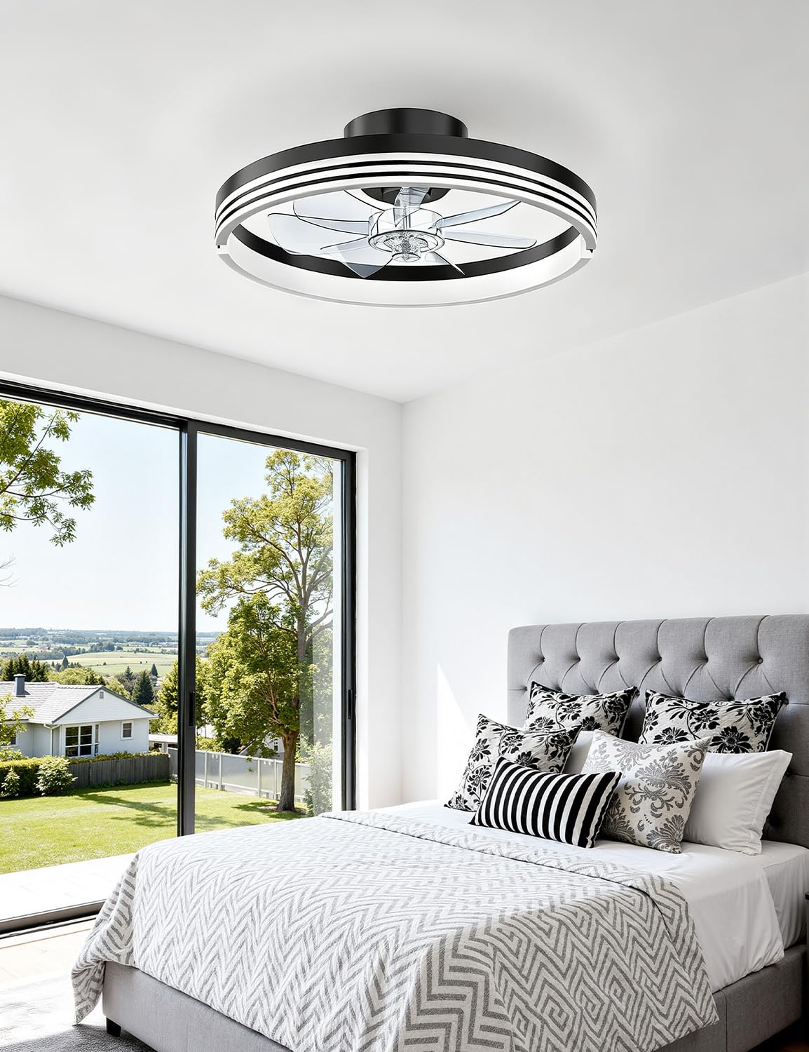 AKOFUN Modern Bladeless Ceiling Fans with Lights, Small Fandelier Bedroom Ceiling Fan - Low Profile LED Fan Light with Remote APP, Flush Mount, Dimmable, DC Motor, 6 Speeds, Timer (18 inch, Black)