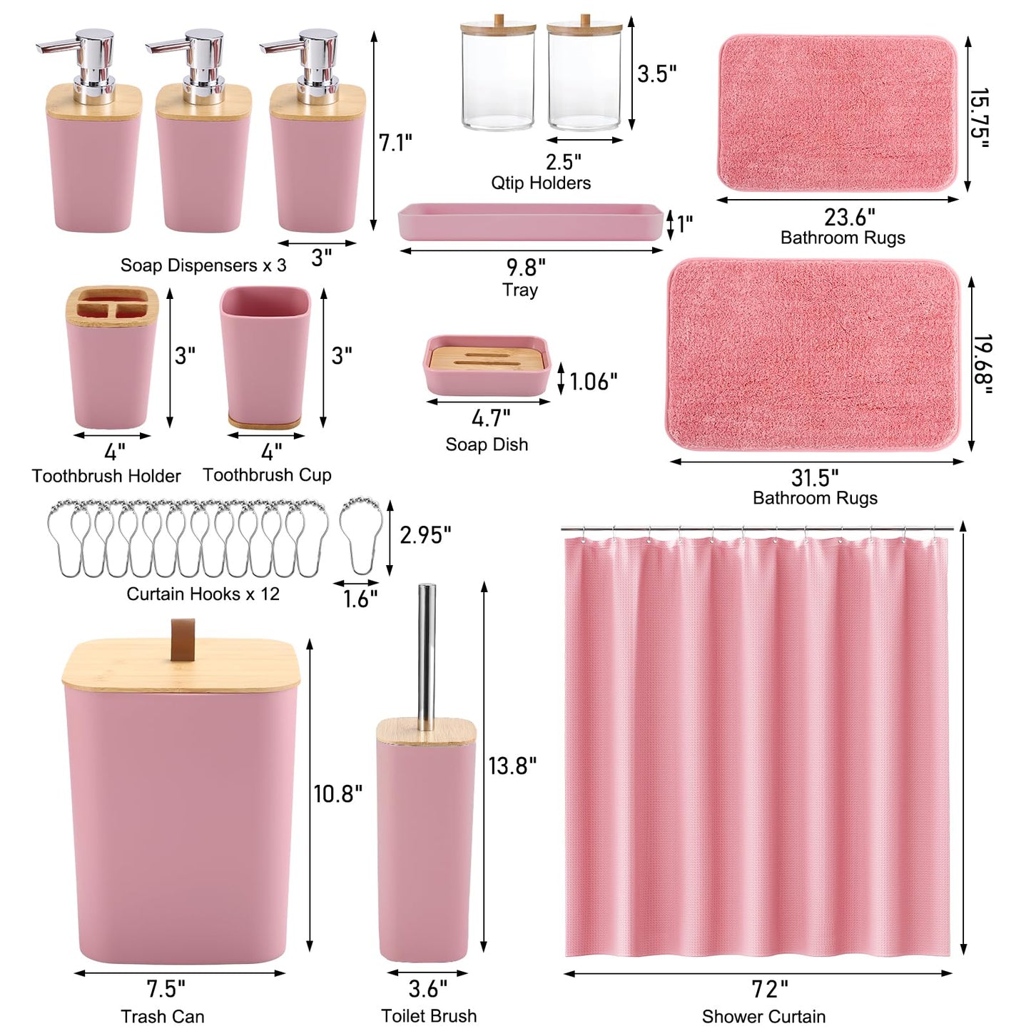 XLHOMO Bathroom Sets with Shower Curtain and Rugs, 27PCS Pink Bathroom Accessories Set with Trash Can, Pink Shower Curtain Set, No Slip Super Absorbent Bathroom Rugs