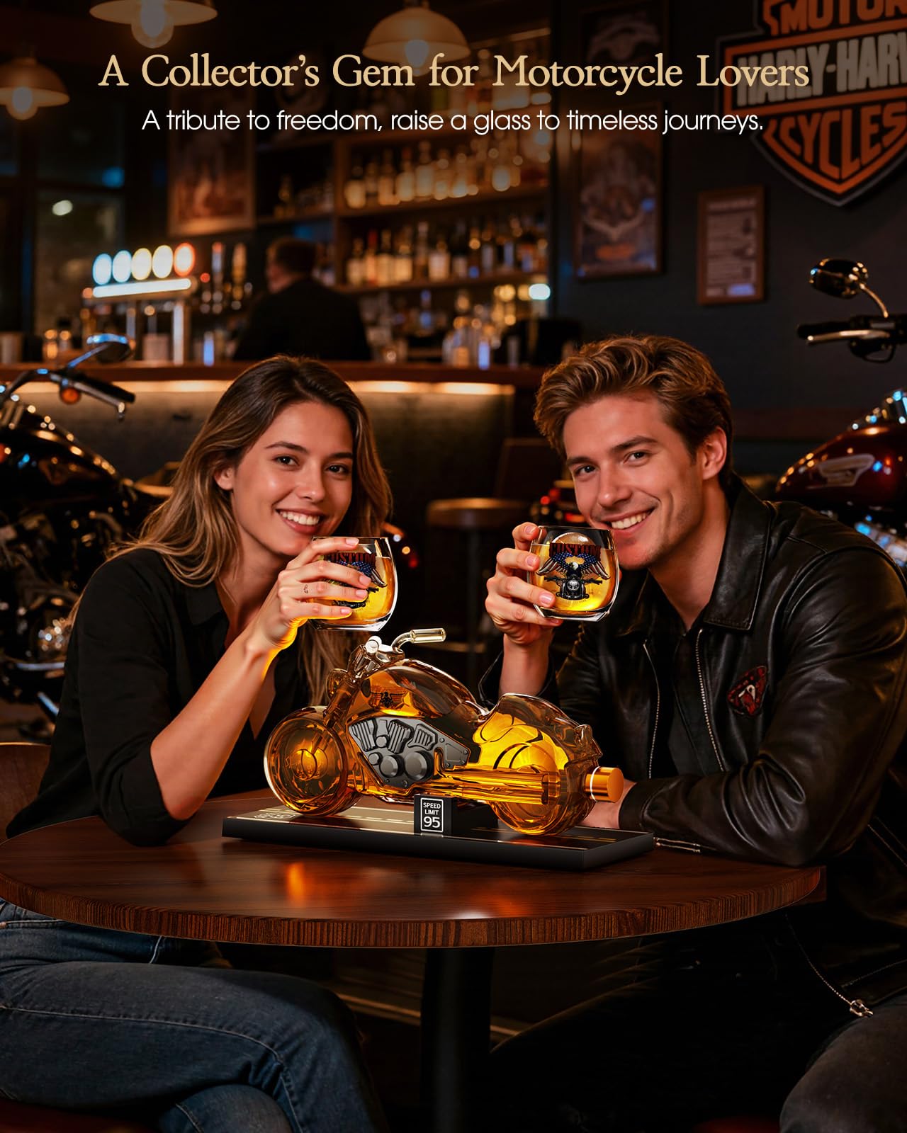 Kollea Birthday Gifts for Men Dad, Motorcycle Whiskey Decanter Set with 2 Glasses, Liquor Dispenser for Home Bar, Unique Gift for Him, Father, Boyfriend, Anniversary, Biker & Motor Lover (Flag)