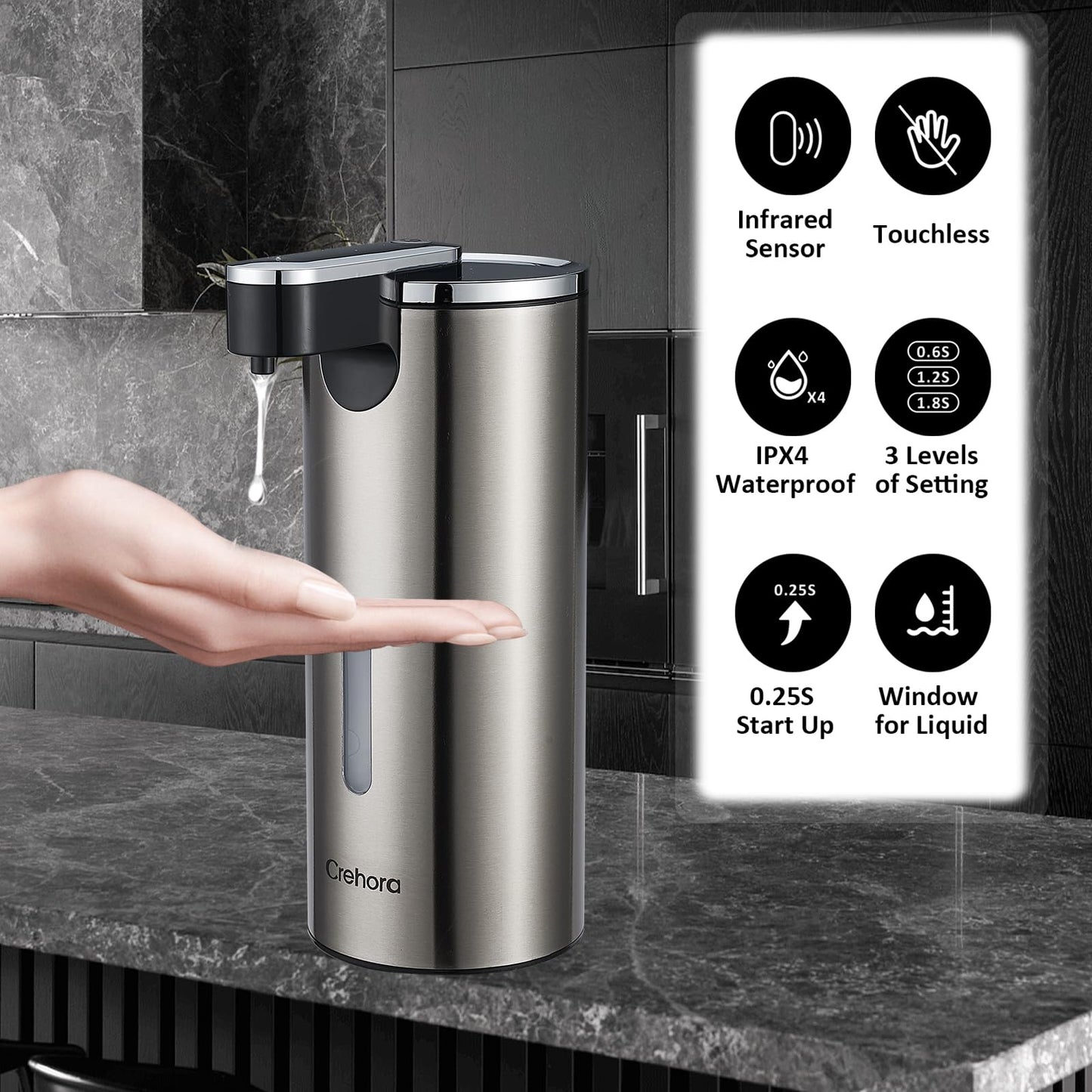 Automatic Soap Dispenser, Automatic Liquid Soap Dispenser Touchless, 12oz/340ml, 3-Level Adjustable, Battery Operated, Water-Resistant for Bathroom, Kitchen and School, Clog-Free, Stainless Steel