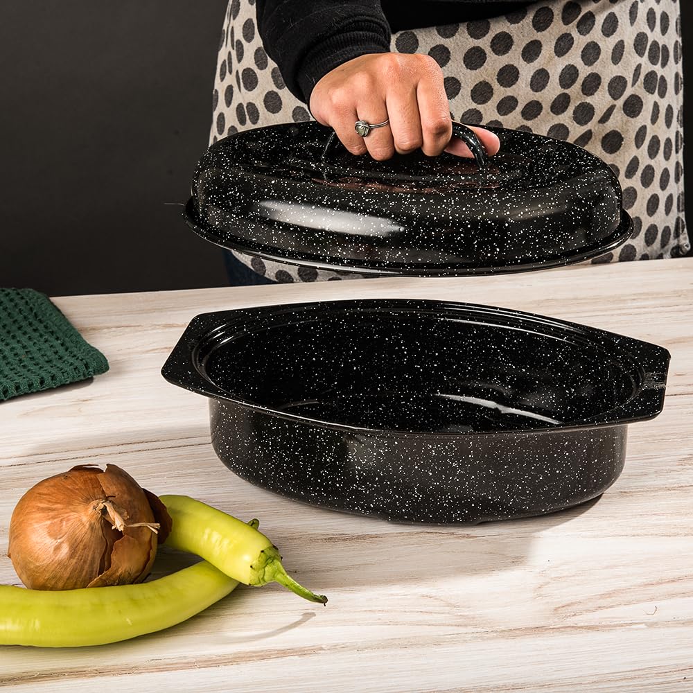 Granite Ware 13-inch oval roaster with Lid. Enameled steel design to accommodate up to 7 lb poultry/roast. Resists up to 932°F. Ideal for preparing meals for two!