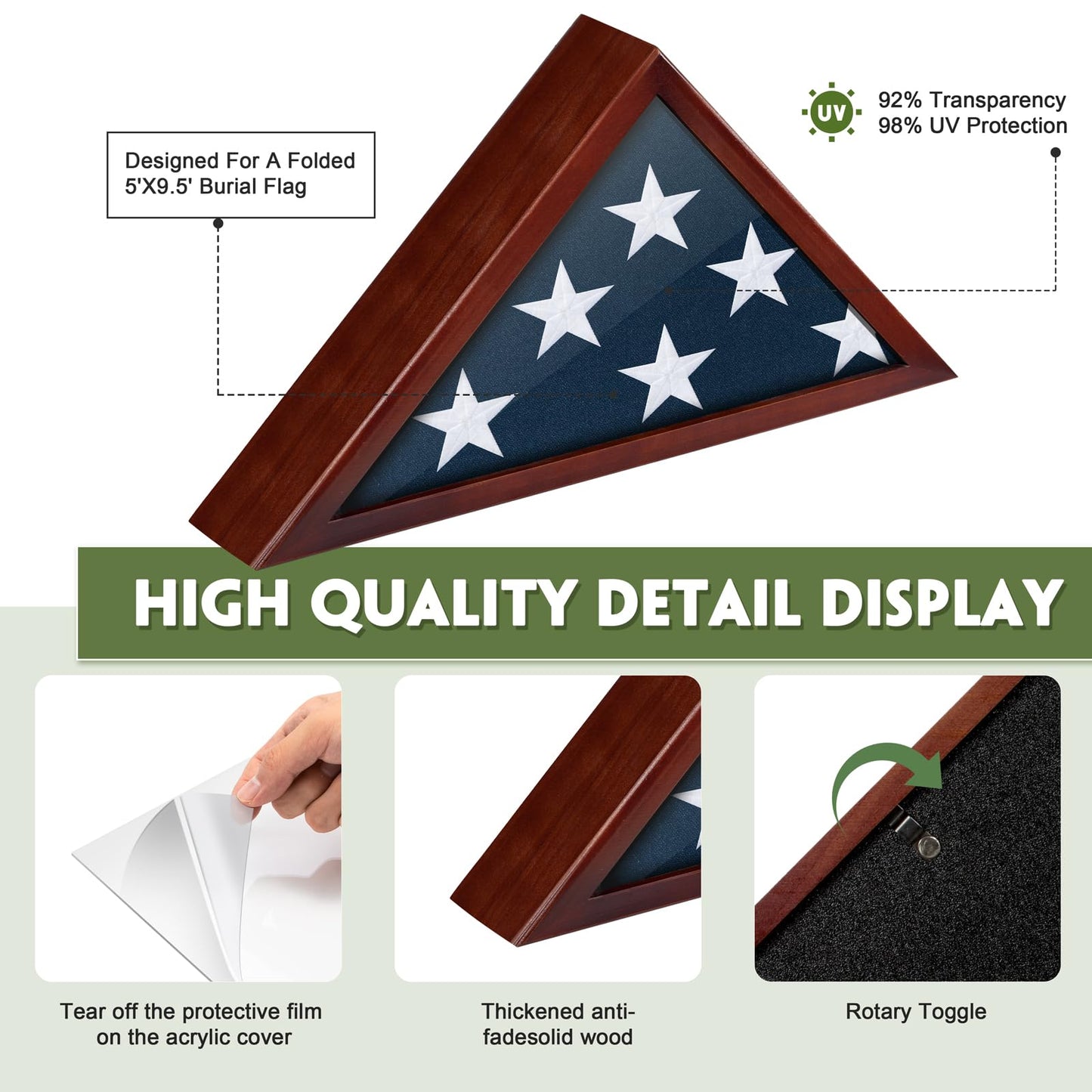 Flag Case for Burial Flag, 5' x 9.5' Funeral Flag Display Case Red Wood Memorial Flag Shadow Box for Military Veterans with Glass Covered and Wall Mounted