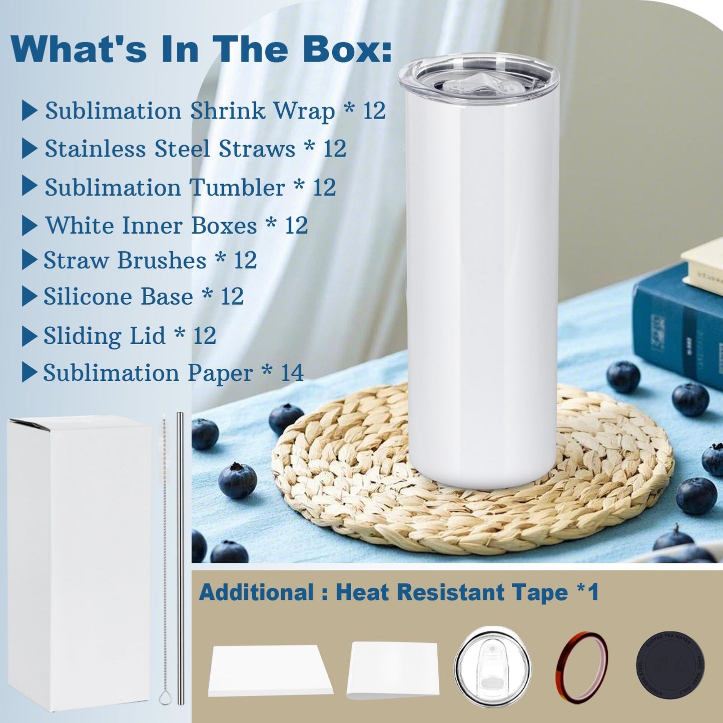 oaptuza 12 Pack 20 OZ Sublimation Tumblers Bulk, Skinny Straight White Sublimation Cups, Stainless Steel Double Wall Insulated Tumbler for Heat Transfer, Individually Boxed