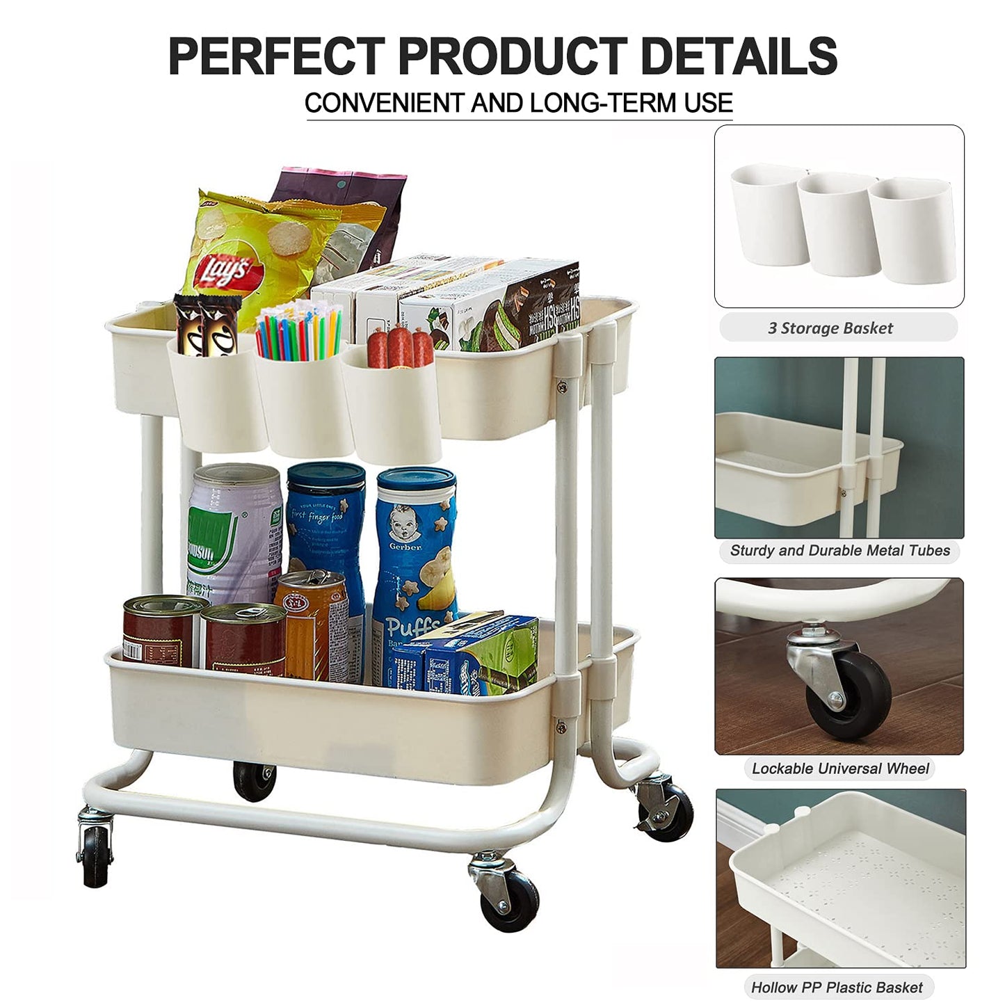 2-Tier Utility Rolling Cart Storage Sofa Side Table with Wheels, Mobile Trolley Organizer with for Office Home Kitchen Organization, Cream White