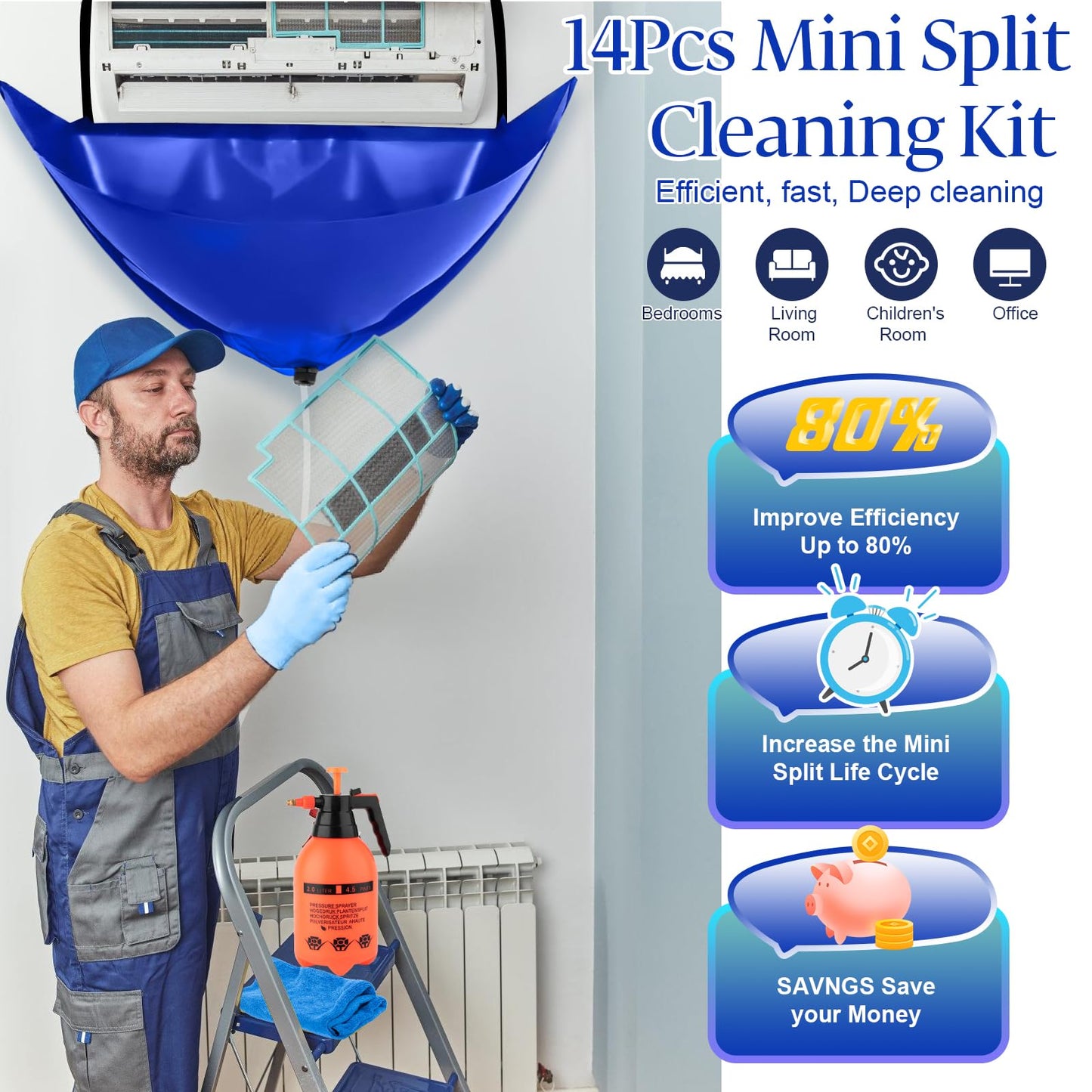 Large Size Mini Split Cleaning Kit, 14 Pcs Mini Split Cleaning Bag with 2L High Pressure Sprayer, Professional Ac Cleaning Kit Fit for Systems Lengths from 38" to 48"