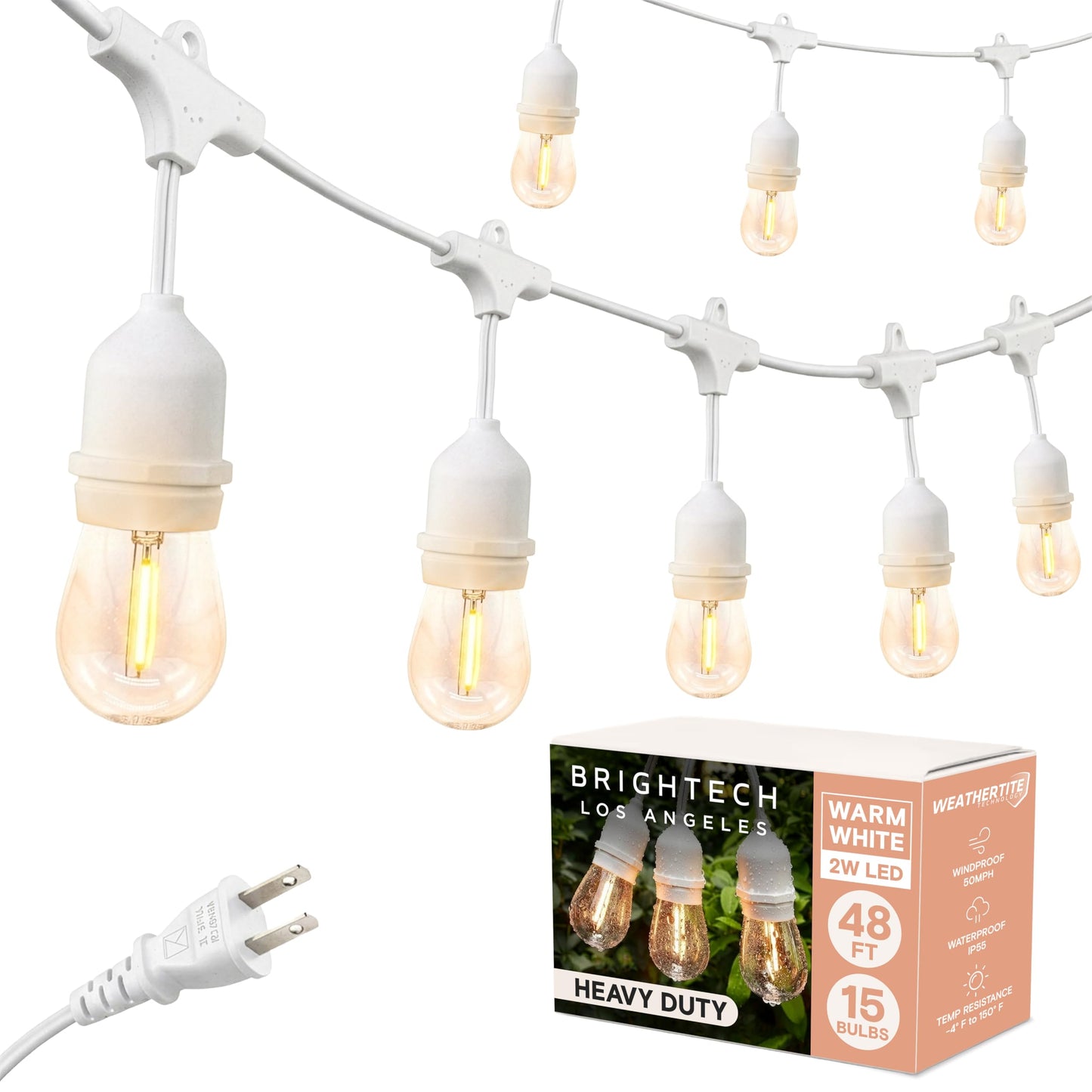 Brightech Ambience Pro Waterproof LED Outdoor String Lights, 48 Ft, Hanging, Dimmable Vintage Edison Bulbs, 15 Bulbs, 2W