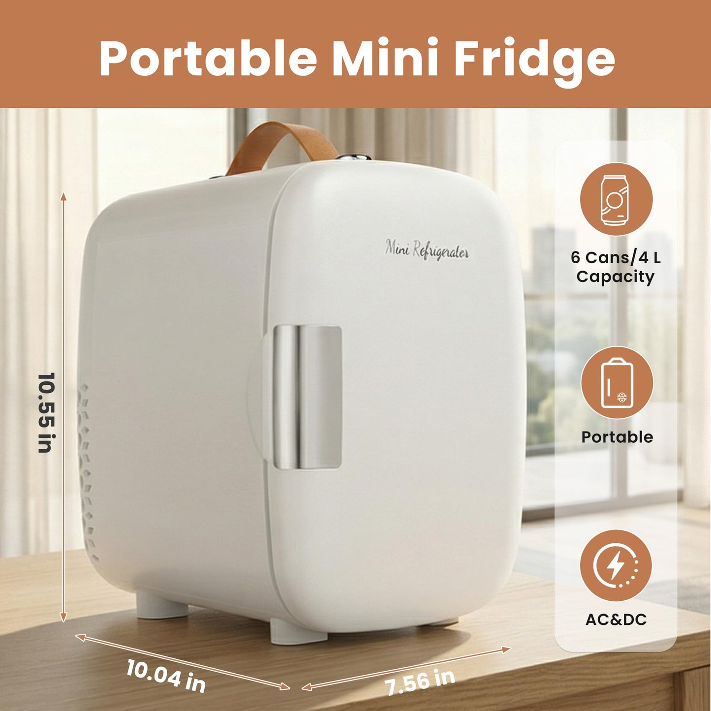 Sweetcrispy Mini Fridge for Bedroom, Office & Car, Portable 4L/4.23QT Mini Refrigerator for Skincare with Handle, Ultra-Quiet Energy-Saving Compact Cooler for Drinks, Food, Skincare & Makeup, AC/DC