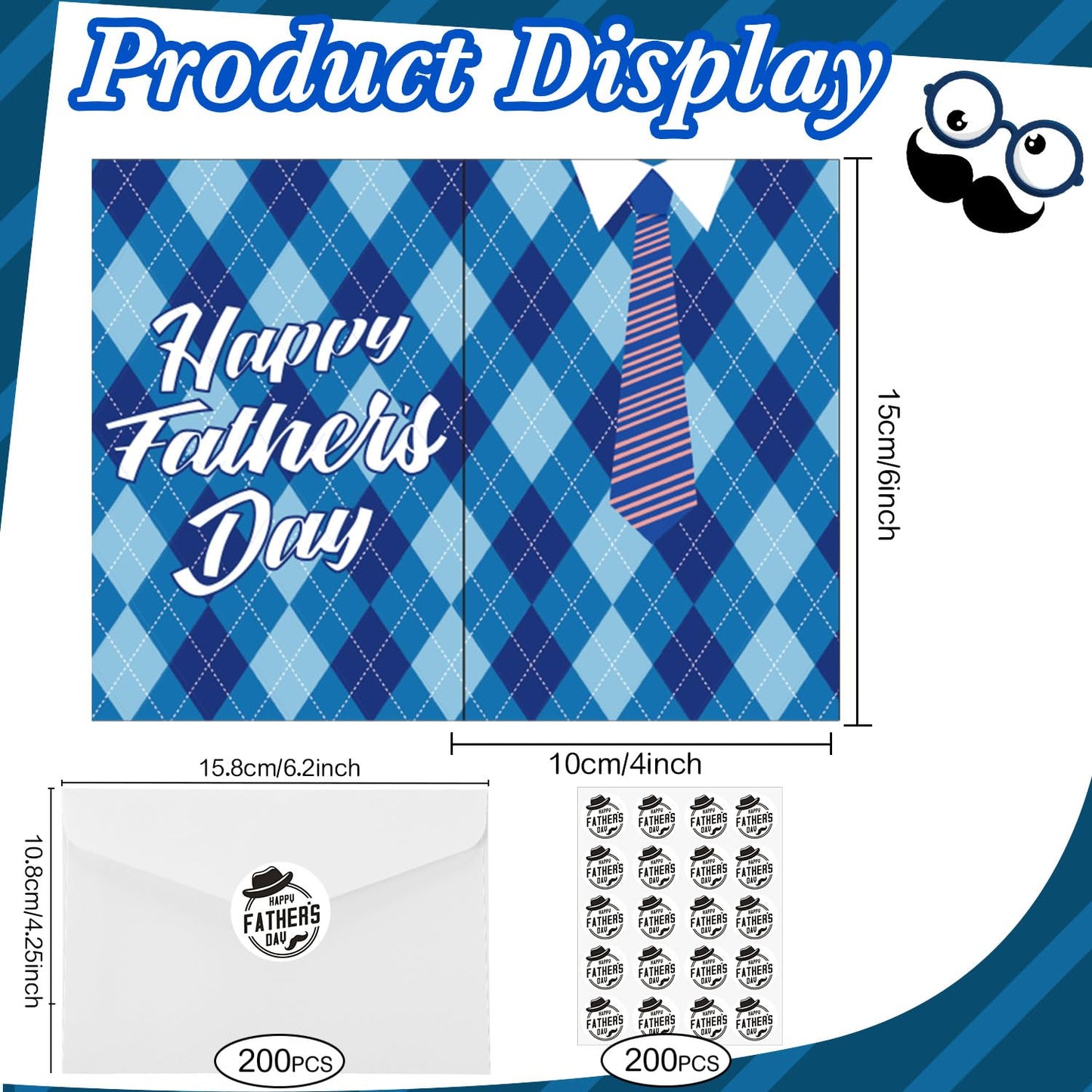 Nezyo 200 Set Father's Day Cards with Envelopes Stickers Bulk, Assorted Father's Day Greeting Card for Dad Stepdad Grandpa Gift, Includes 200 Cards, 200 Stickers, and 200 Envelopes, Paper Material