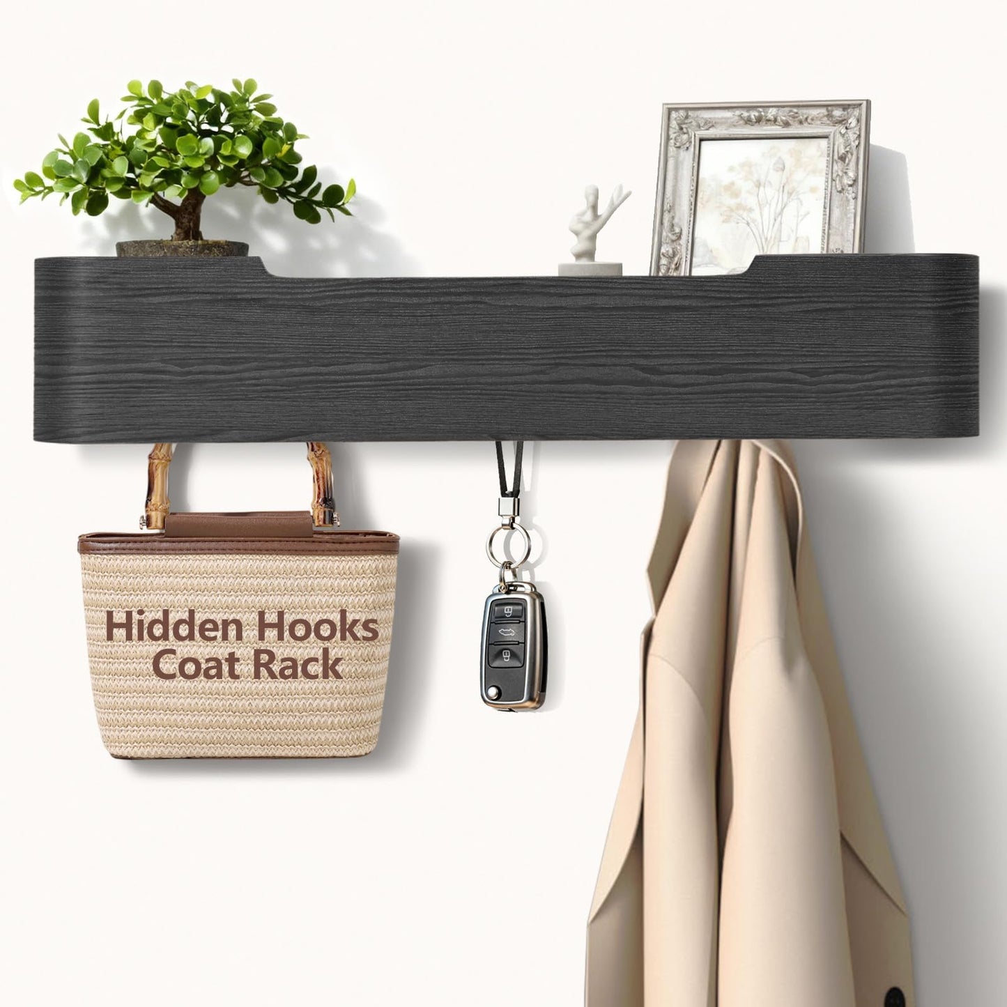 Jadoxy Coat Rack Wall Mount with Shelf 5 Hidden Hooks Modern Wooden Key Holder Entryway Organizer for Hallway Bedroom Bathroom Home Decor Storage for Hanging Coats Hats Bags Towels, Black