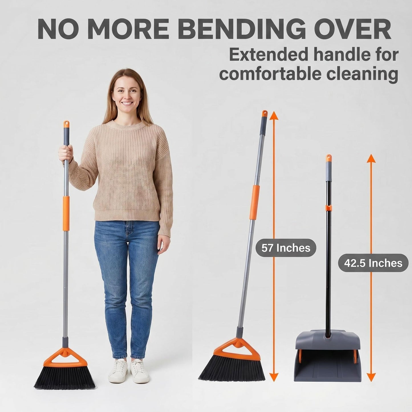 CLEANHOME Heavy Duty Broom with Dustpan Combo Set Indoor and Outdoor Dual Purpose,Stiff Bristle Commercial Angle Broom and Standing Dust Pans with Long Handle for Sweeping Home,Kitchen,Yard,Grey
