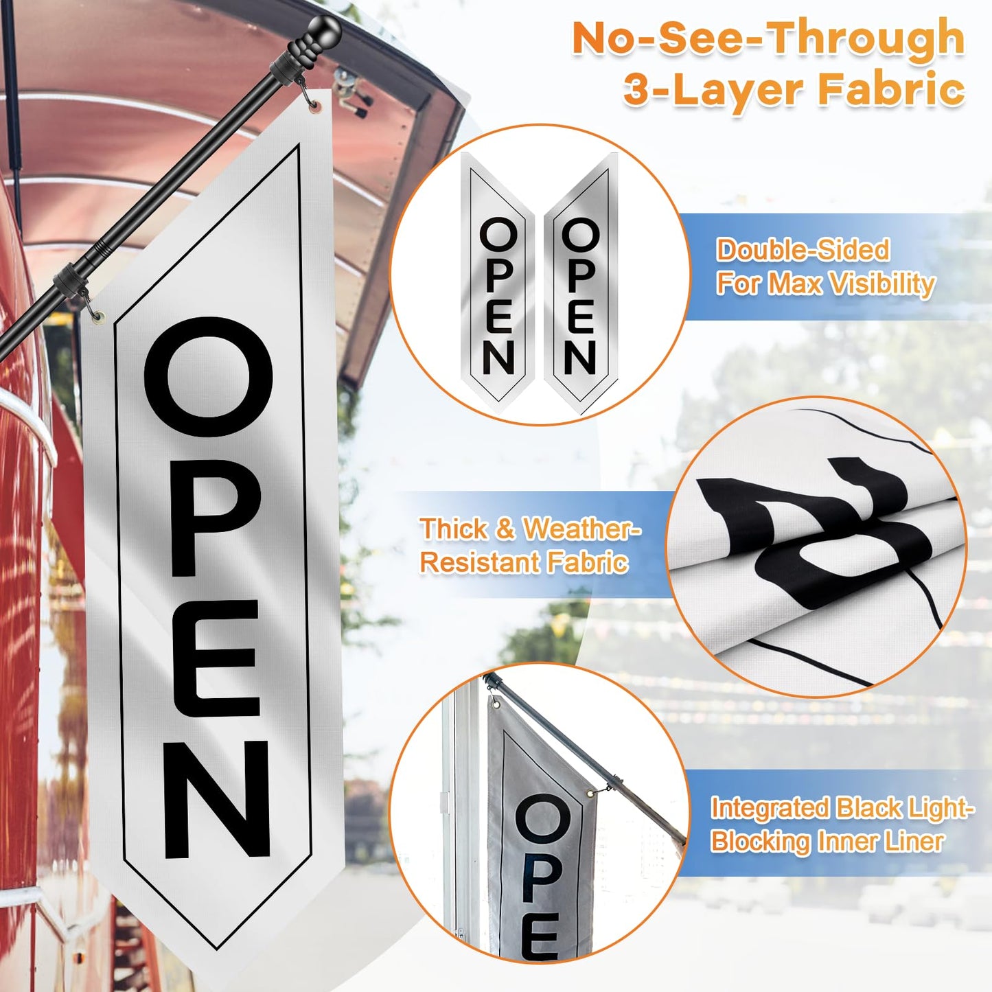 Outdoor Open Sign with Pole-Mounting Kit, Double-Sided Heavy Duty Open Banner for Business, Three-ply Advertising Open Flag with Bracket for Retail Storefront & Shops (White, 41x12 Inch)