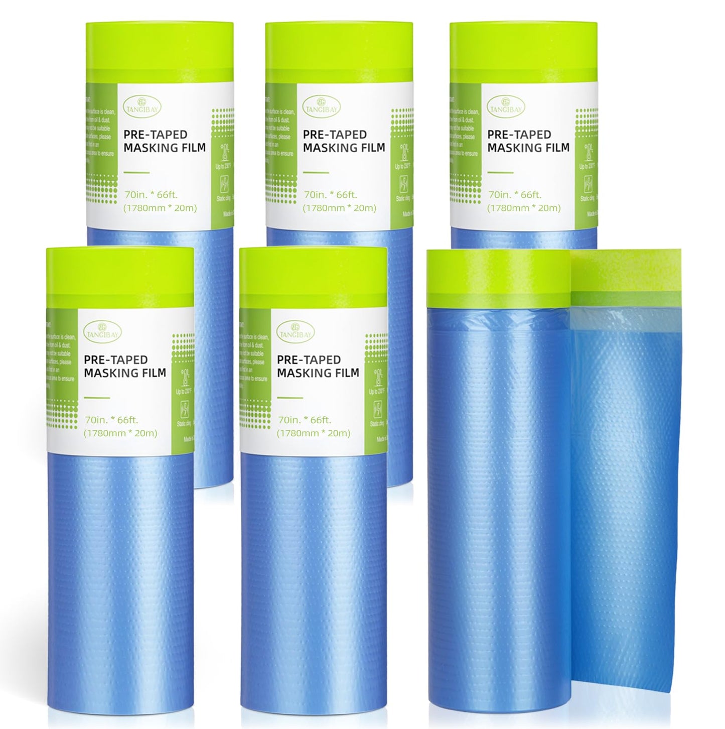 Tangibay Pre-Taped Masking Film for Painting - 70" x 66' Painters Plastic Sheeting for House & Automotive Paint, Tape and Drape for Covering Cars, Walls, Windows and Furniture Protection (6 Rolls)