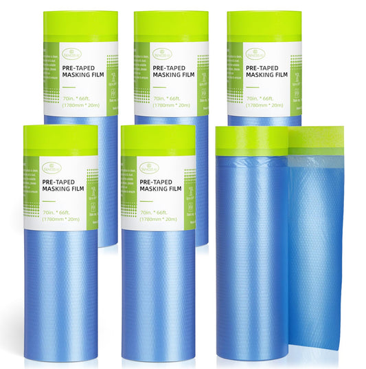 Tangibay Pre-Taped Masking Film for Painting - 70" x 66' Painters Plastic Sheeting for House & Automotive Paint, Tape and Drape for Covering Cars, Walls, Windows and Furniture Protection (6 Rolls)