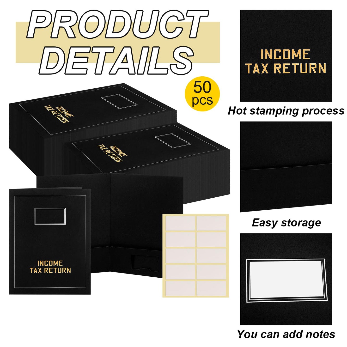 Kisston 50 Pcs Tax Return Folders Bulk 2 Pocket Gold Foil Stamped Income Tax Folders with Labels Business File Office Blank Organizer (Black)