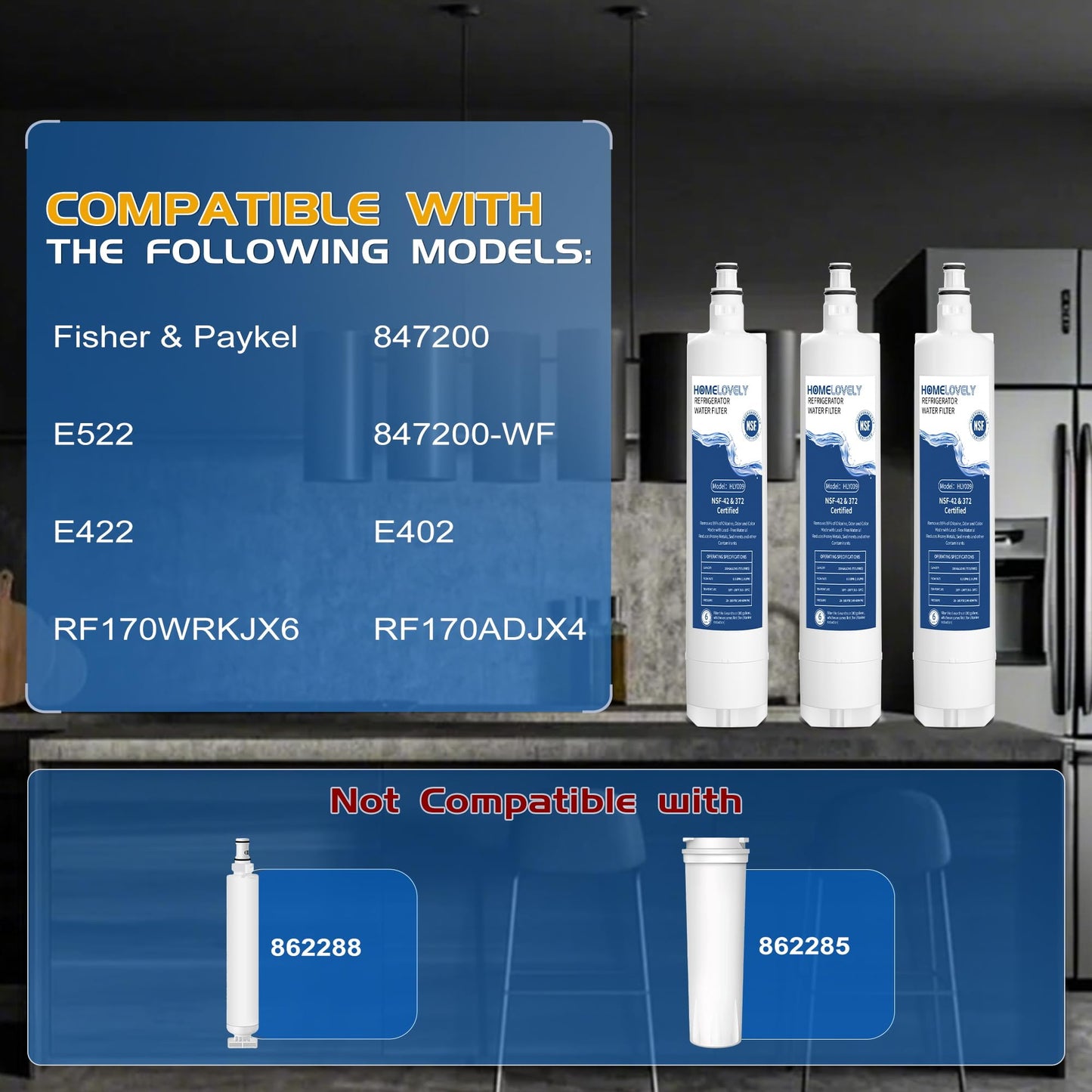 HOMELOVELY 847200 Water Filter Replacement for Fisher & Paykel 847200, 847200-WF, RF201AHUSX1, Compatible with Fisher & Paykel Model Number E522, E422, E402 (2 Pack)