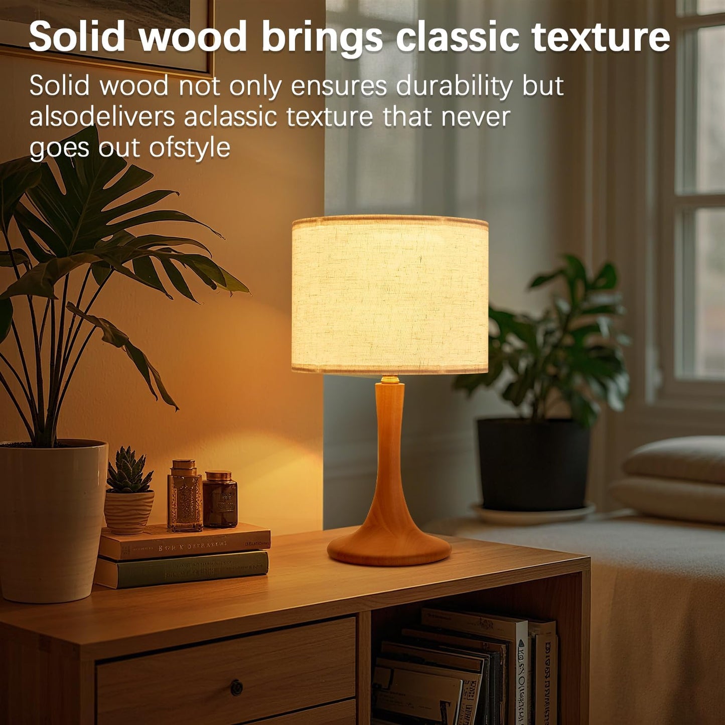 NUSRAN Bedside Table Lamp for Bedroom, Nordic Plug in Fabric Shade & Solid Wood Base Desk Lamp, Plug & Play Natural Wood Nightstand Lamp for Living Room, Office, Switch Power Cord 【Bulb Not Included】