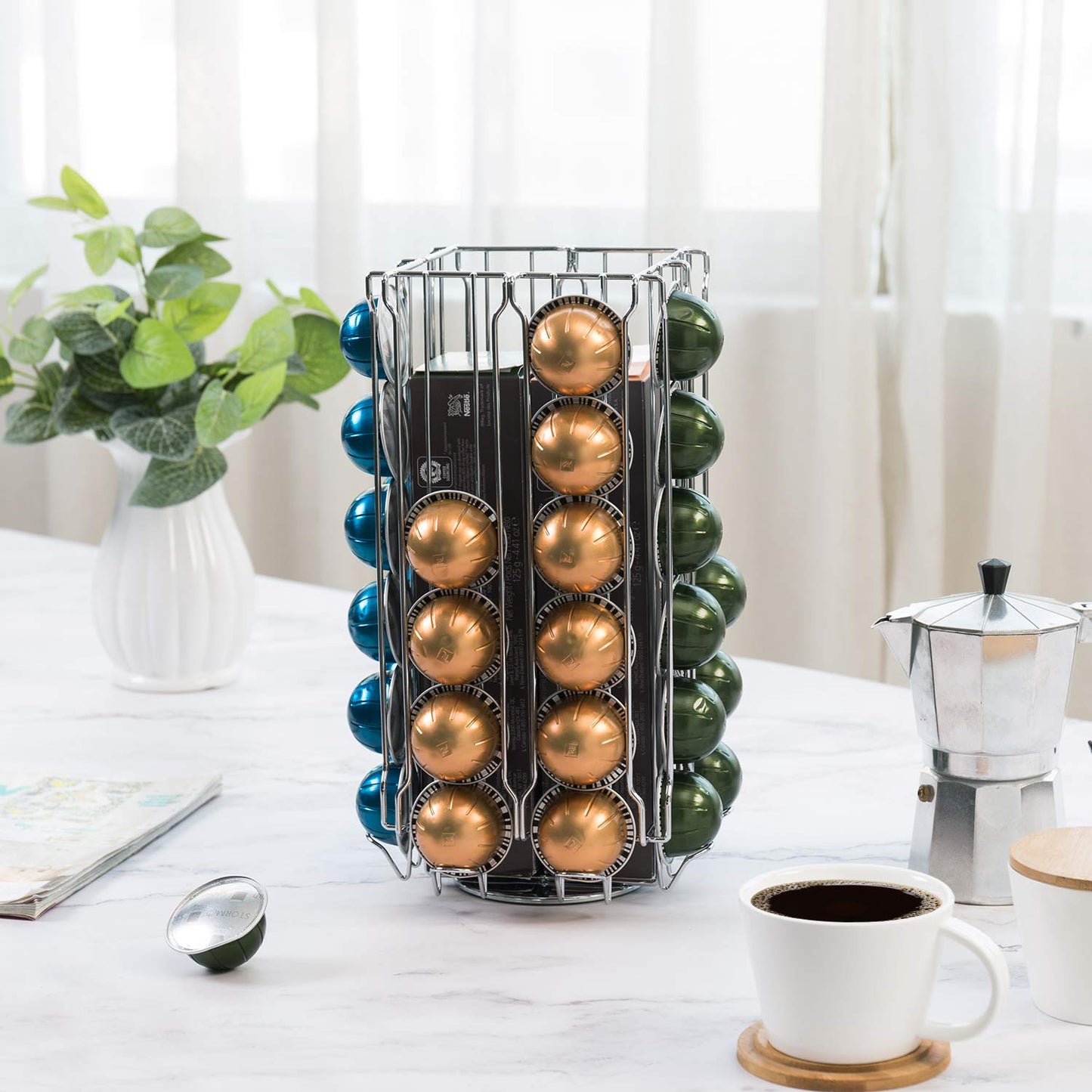 MyGift 48 Pod Stainless Steel Silver Metal Coffee Pod Holder Storage Organizer Stand with 360 Degree Rotating Carousel with Sleeve Storage Compartment, Compatible with Nespresso Vertuo Capsule