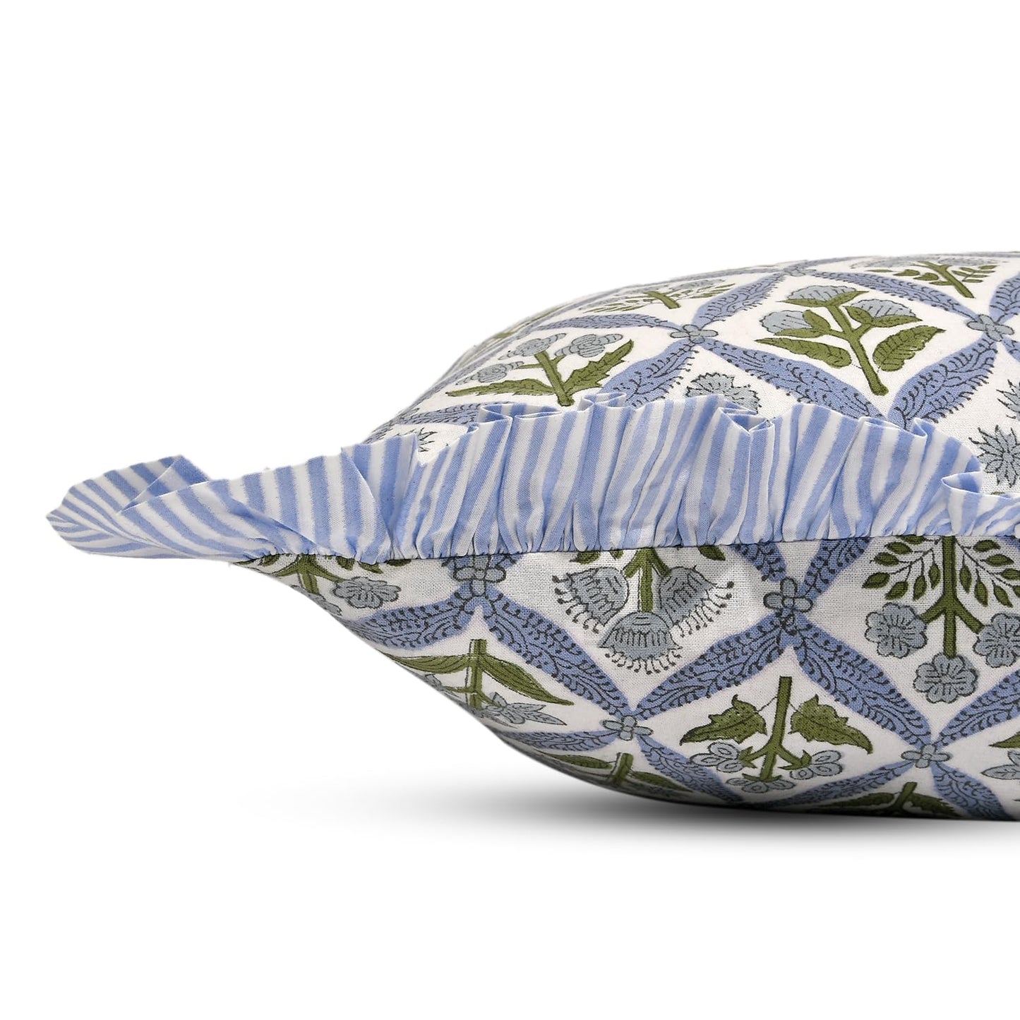 Ridhi Block Print Light Steel Blue Throw Pillow Cover 18" x 18" (Pack of 2) Decorative Cushion Covers with Ruffle for Couch, Sofa, Bed, Living Room, Home Decor Gift for Spring, Easter, Valentine