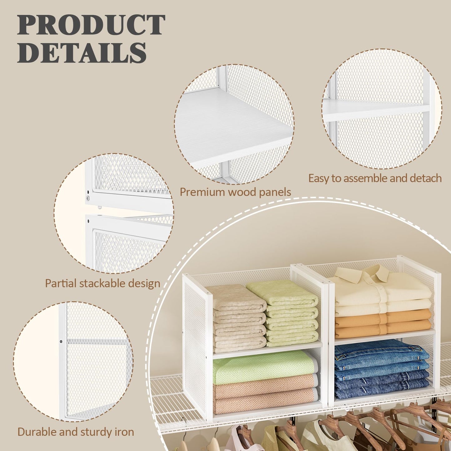 4-Tier Stackable Closet Organizers and Storage Basket, Wire Clothes Shelf Organizer Bins, Sweater Storage for Wardrobe Cupboard, Multifunctional Cube Storage Box for Kitchen Bath Laundry Room, White